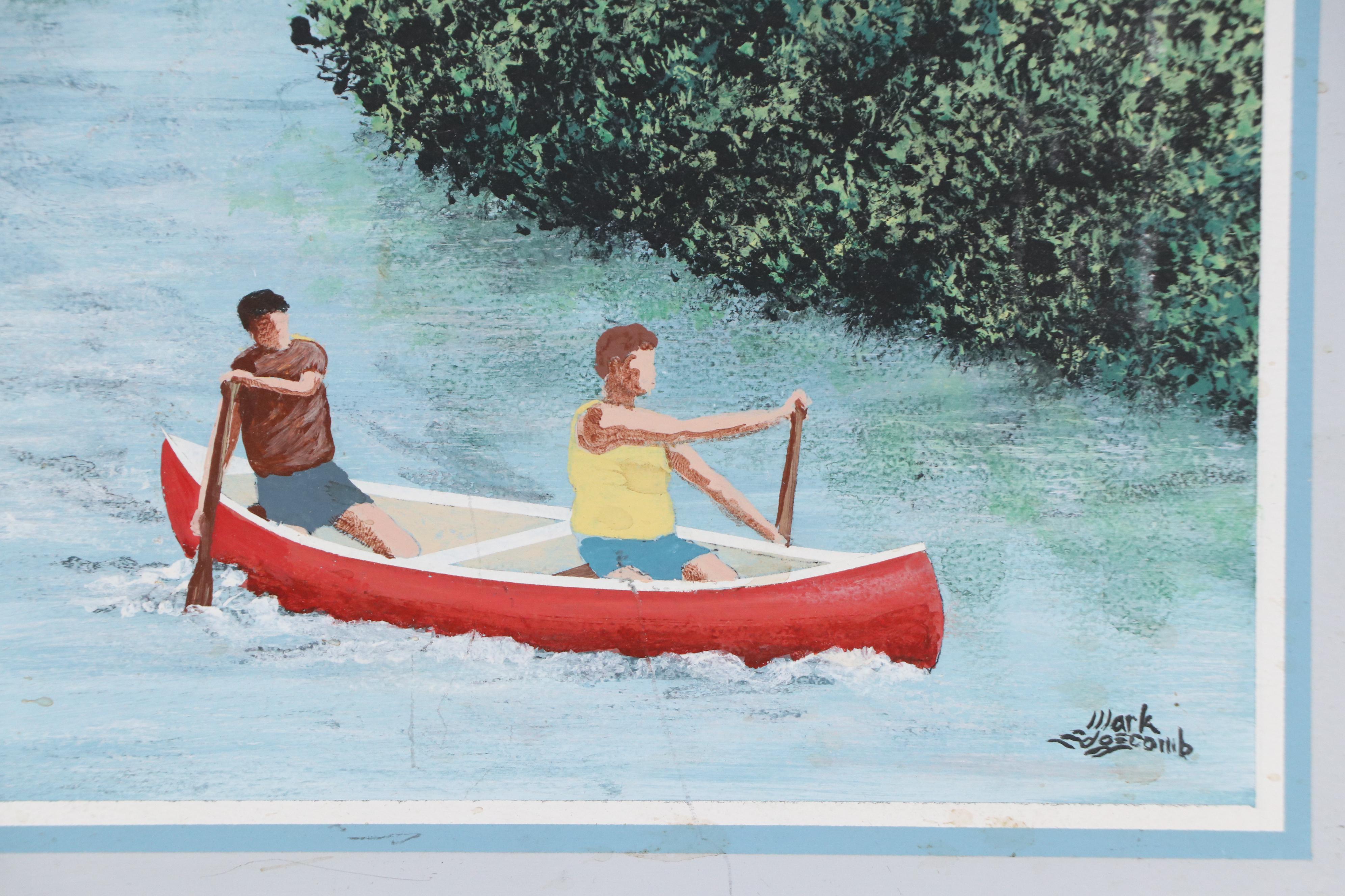 Mark Edgecomb Acrylic Painting of Couple Canoeing, Mid to Late 20th Century