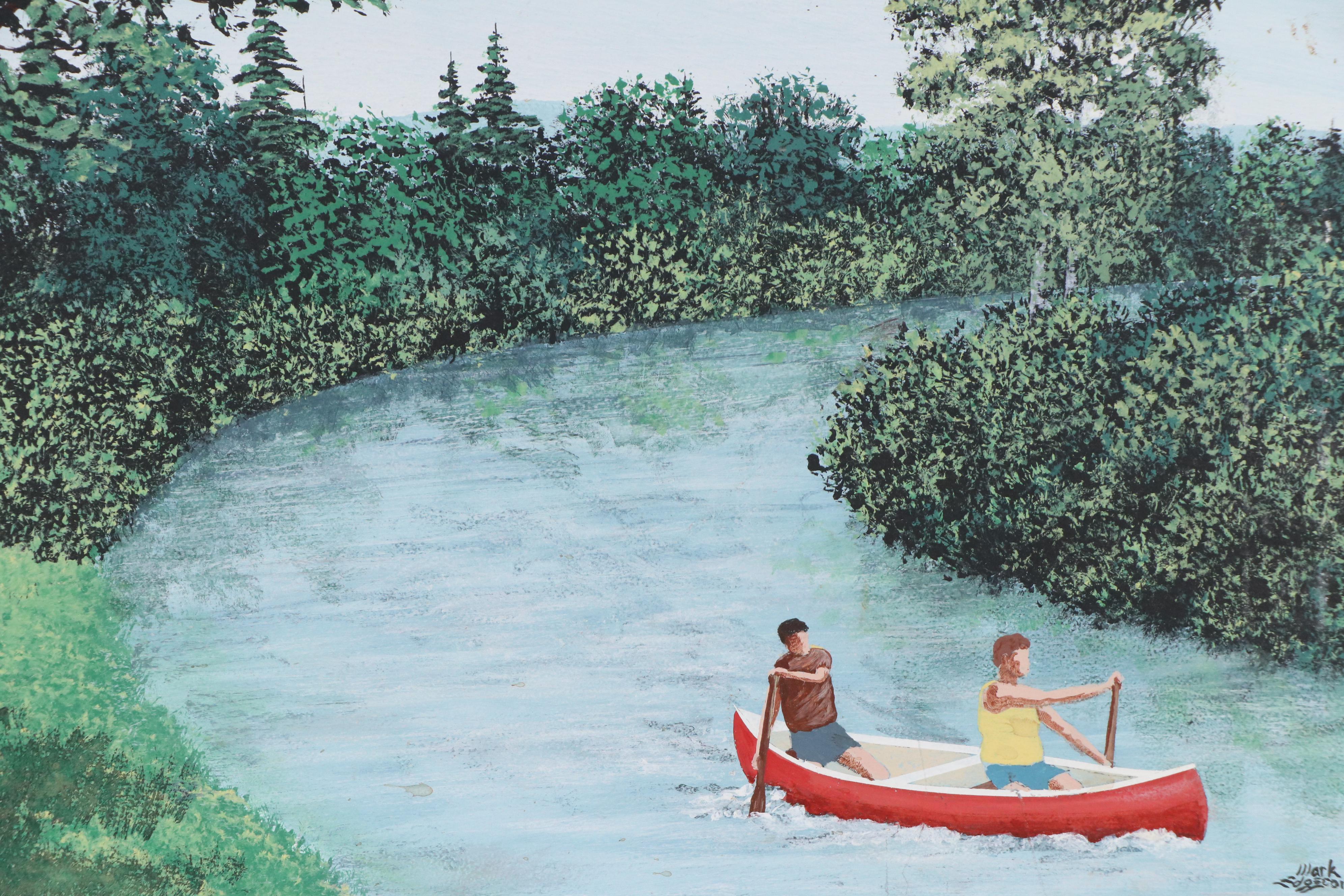 Mark Edgecomb Acrylic Painting of Couple Canoeing, Mid to Late 20th Century