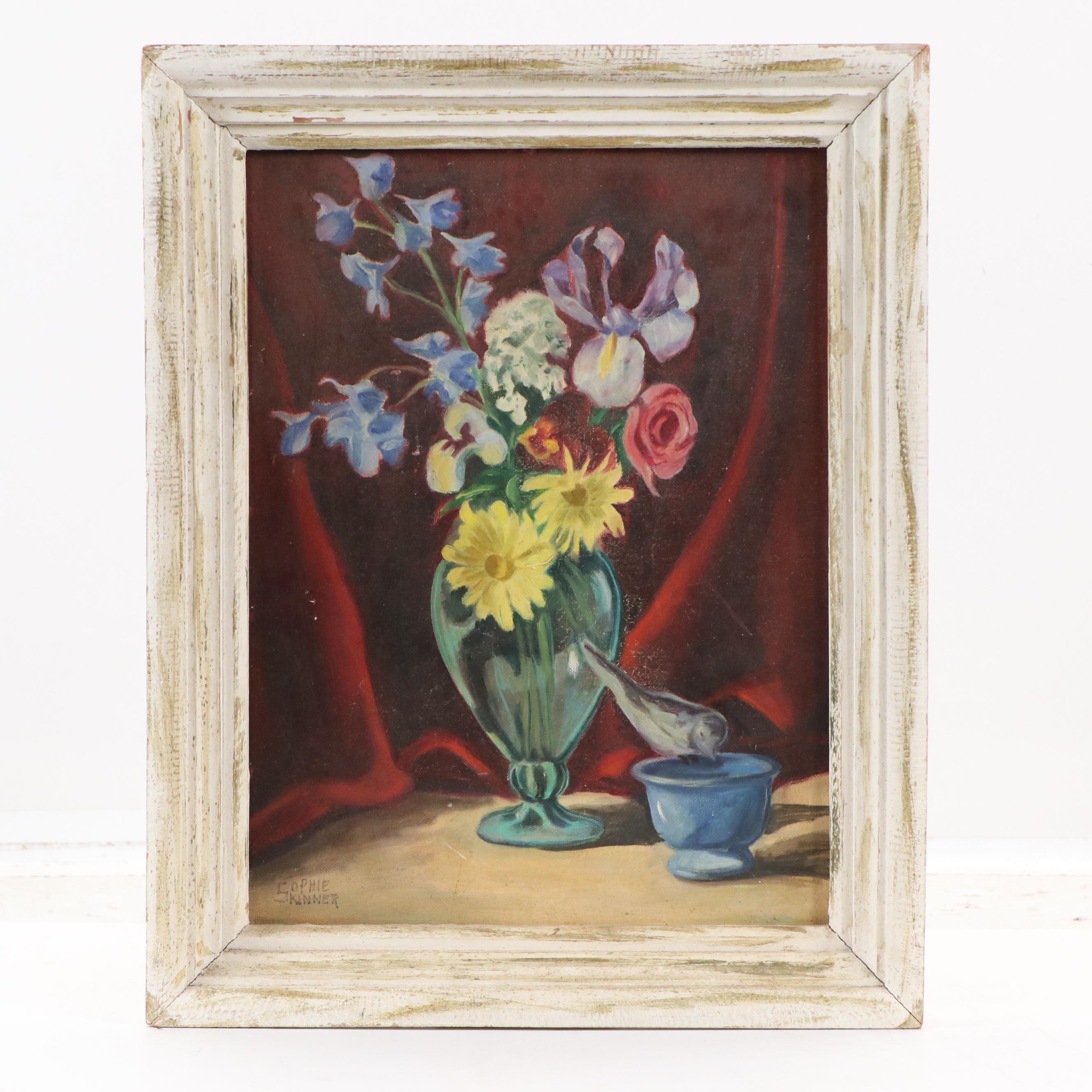 Sophie Skinner Oil Painting of Bouquet in Glass Vase, Mid-20th Century