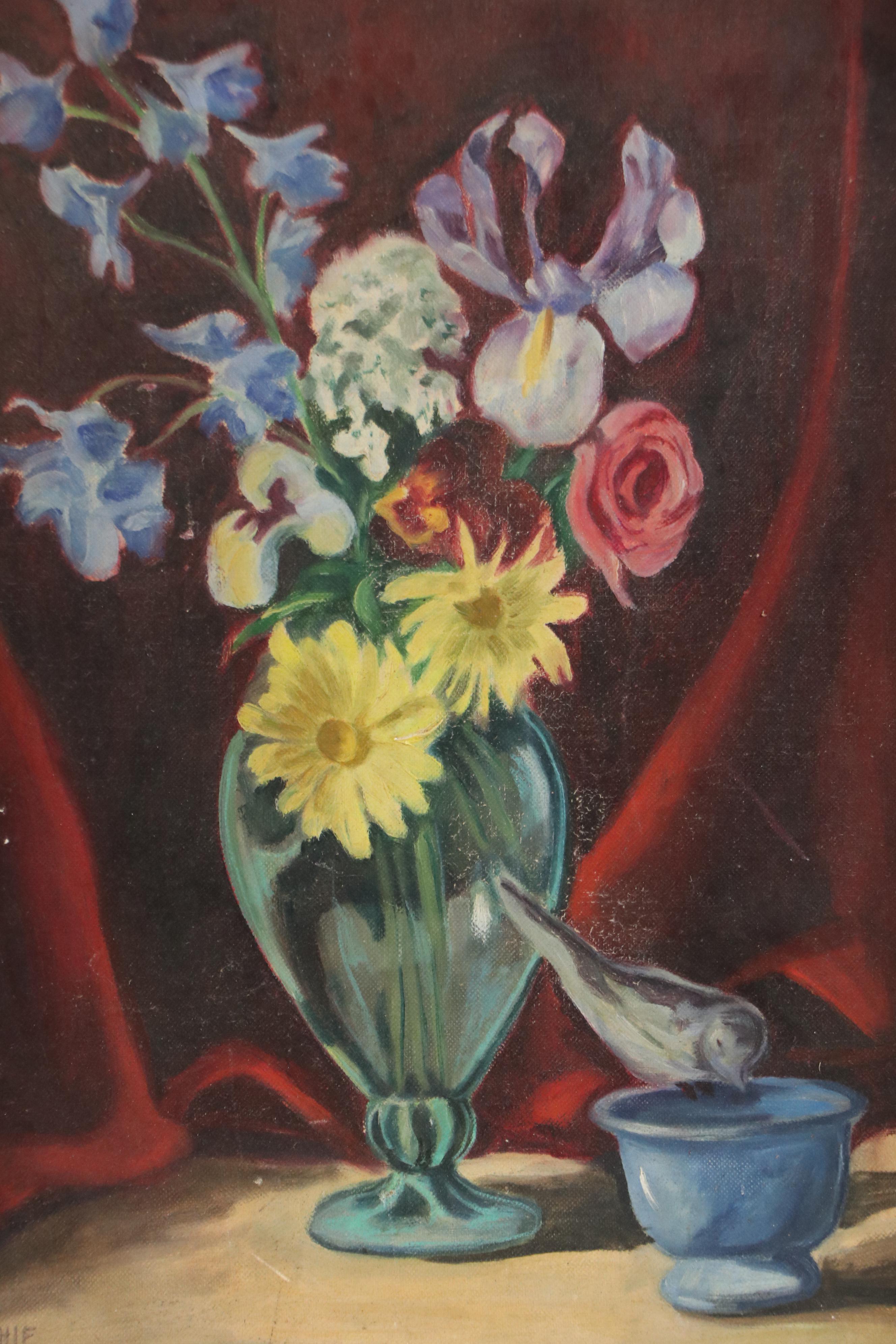 Sophie Skinner Oil Painting of Bouquet in Glass Vase, Mid-20th Century