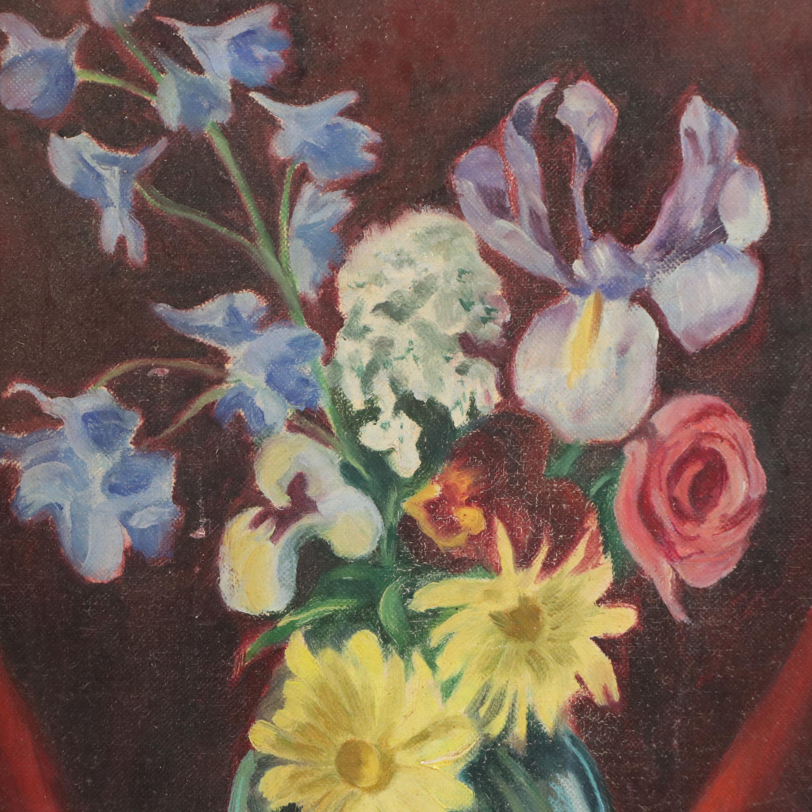 Sophie Skinner Oil Painting of Bouquet in Glass Vase, Mid-20th Century
