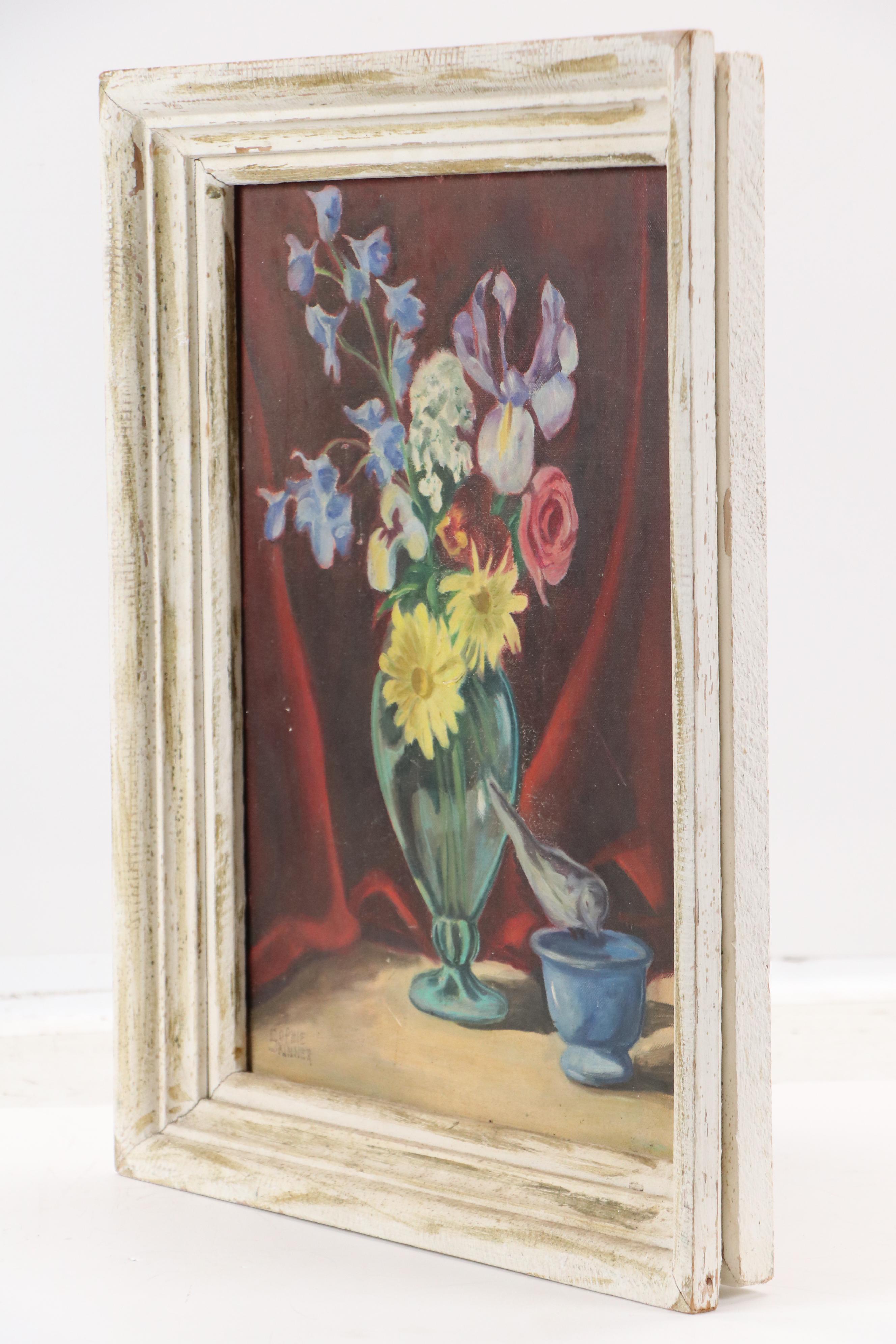 Sophie Skinner Oil Painting of Bouquet in Glass Vase, Mid-20th Century