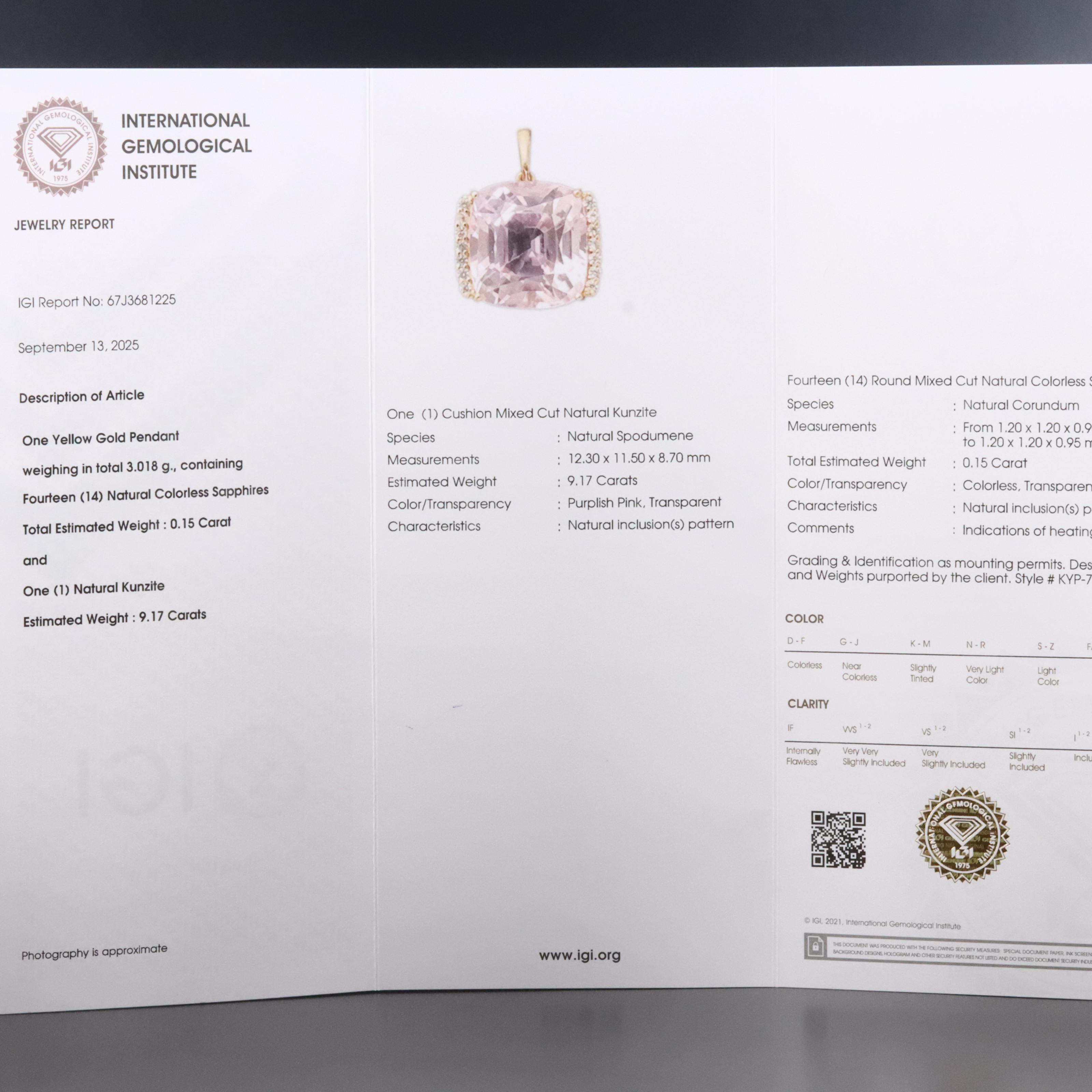 14K 9.17 CT Kunzite and White Sapphire Pendant with IGI Jewelry Report