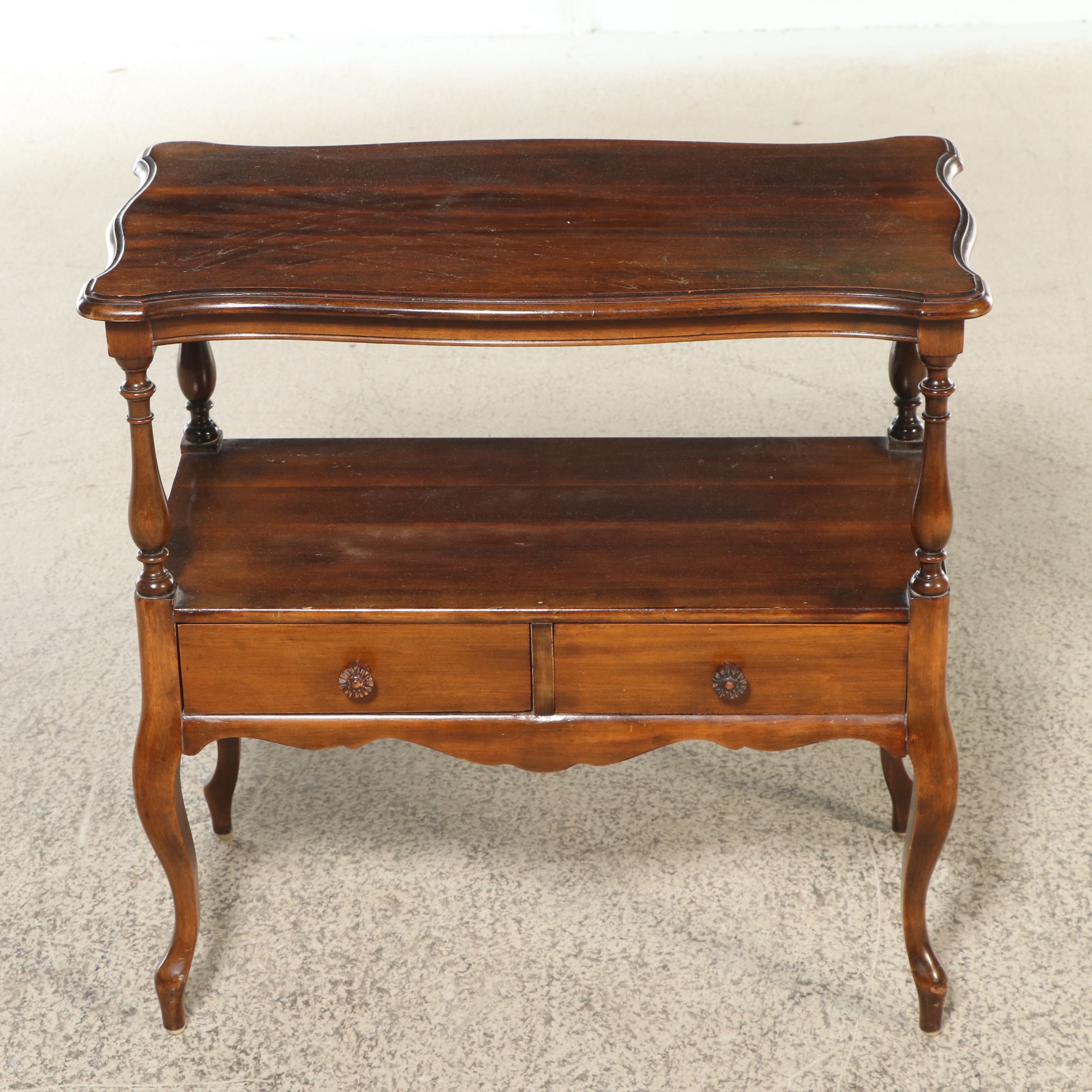 French Provincial Style Walnut Finish Two-Tier Table, 20th Century