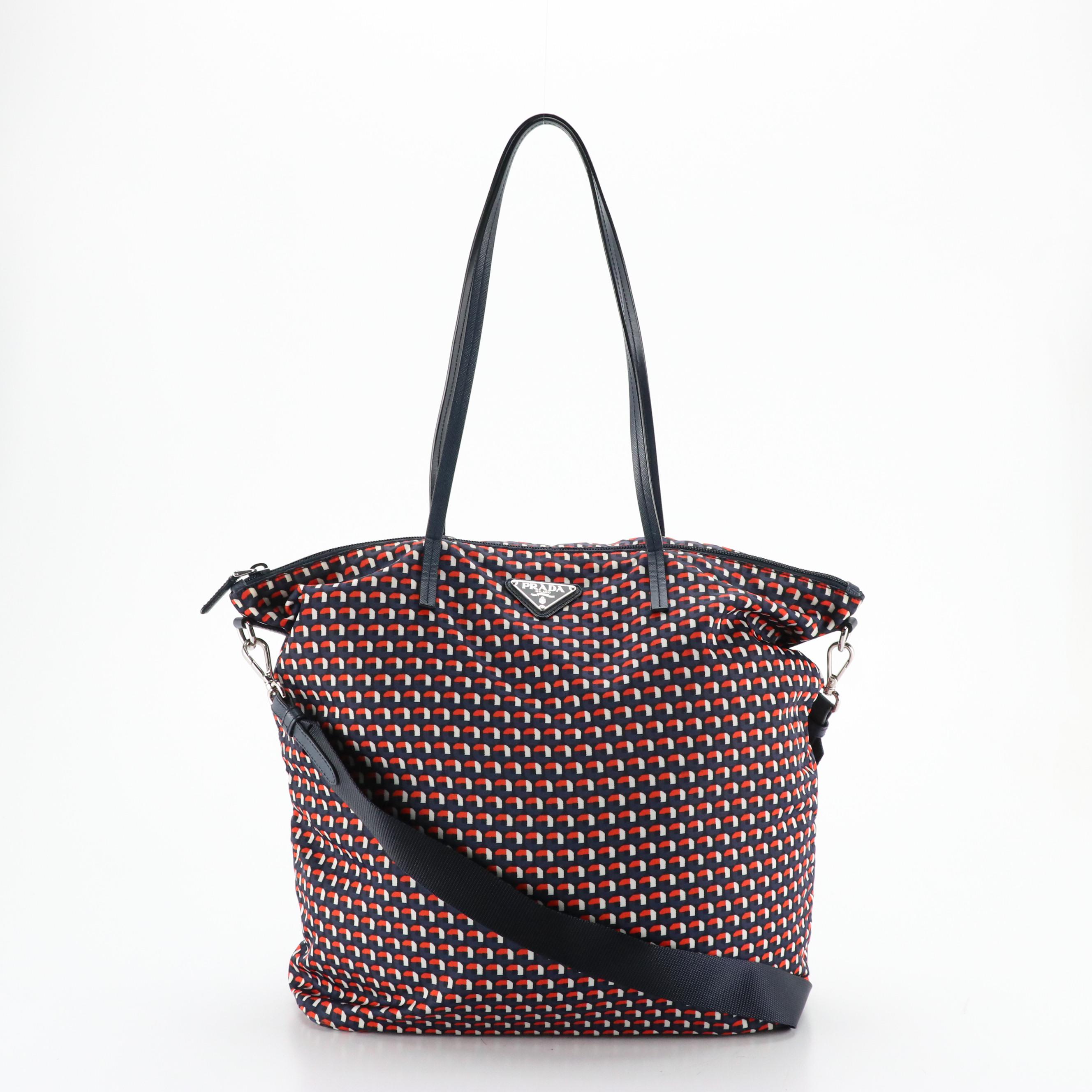 Prada Zippered Two-Way Tote in Tessuto Stampato Nylon and Saffiano Leather Trim