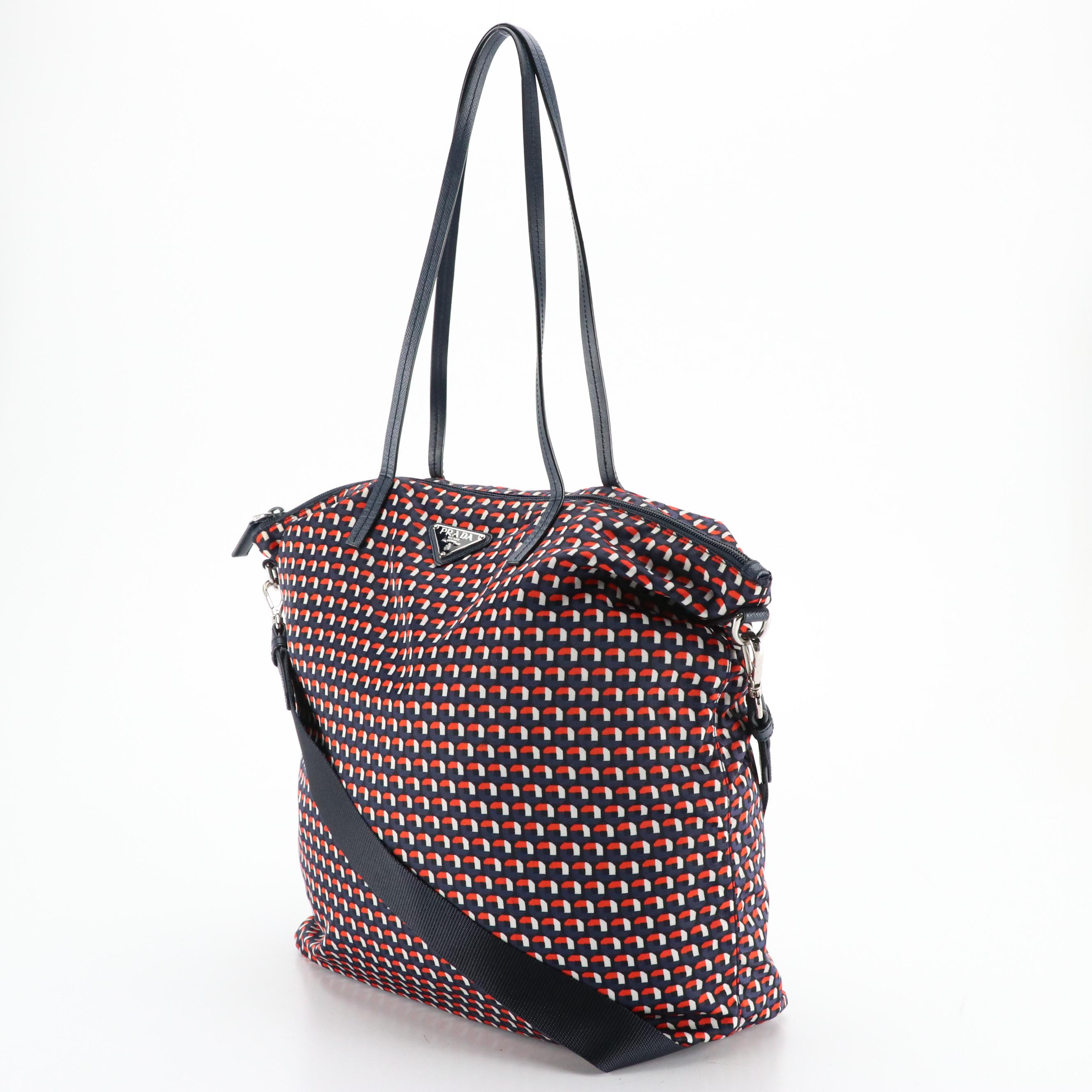 Prada Zippered Two-Way Tote in Tessuto Stampato Nylon and Saffiano Leather Trim