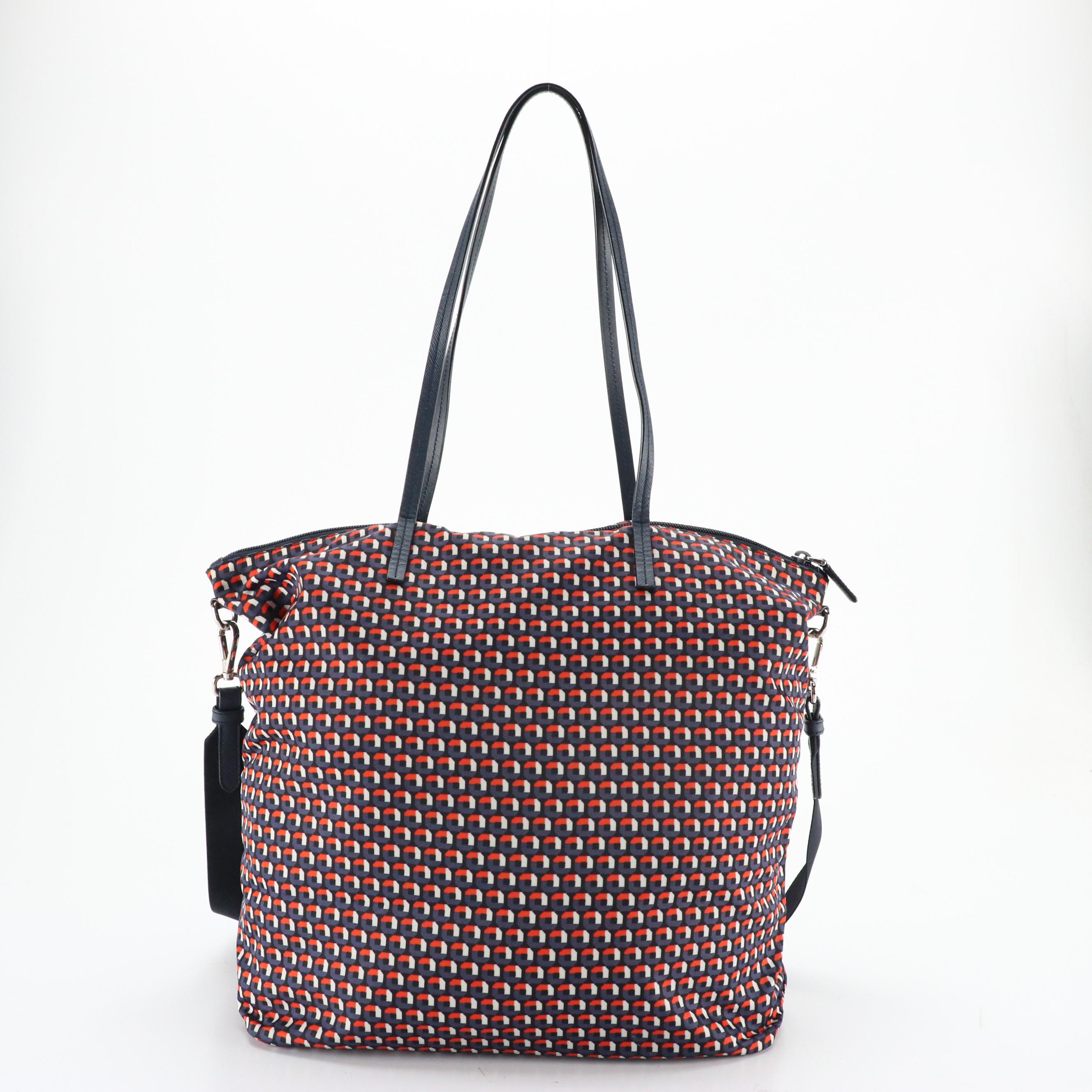 Prada Zippered Two-Way Tote in Tessuto Stampato Nylon and Saffiano Leather Trim