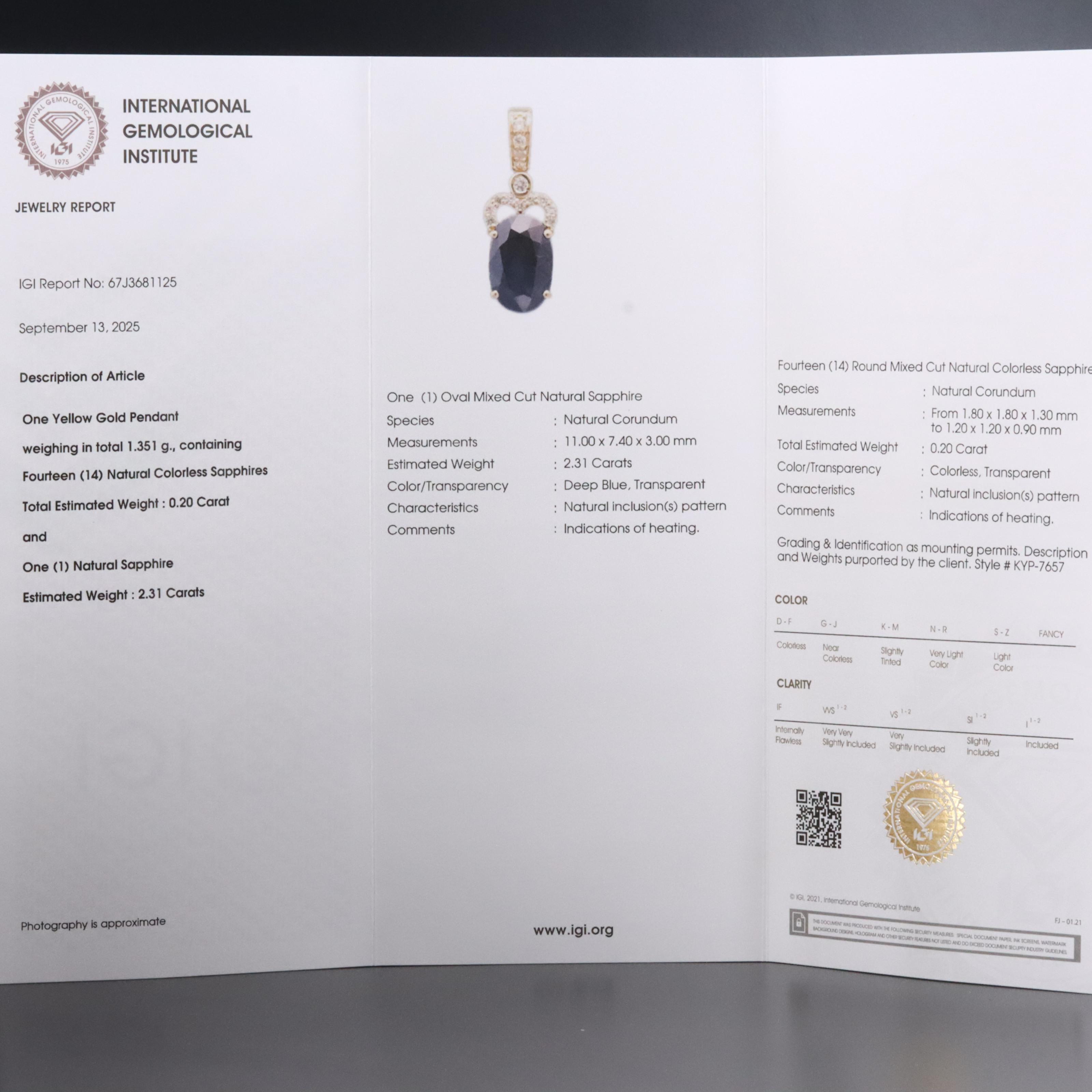 14K 2.31 CT Sapphire and White Sapphire Pendant with IGI Jewelry Report