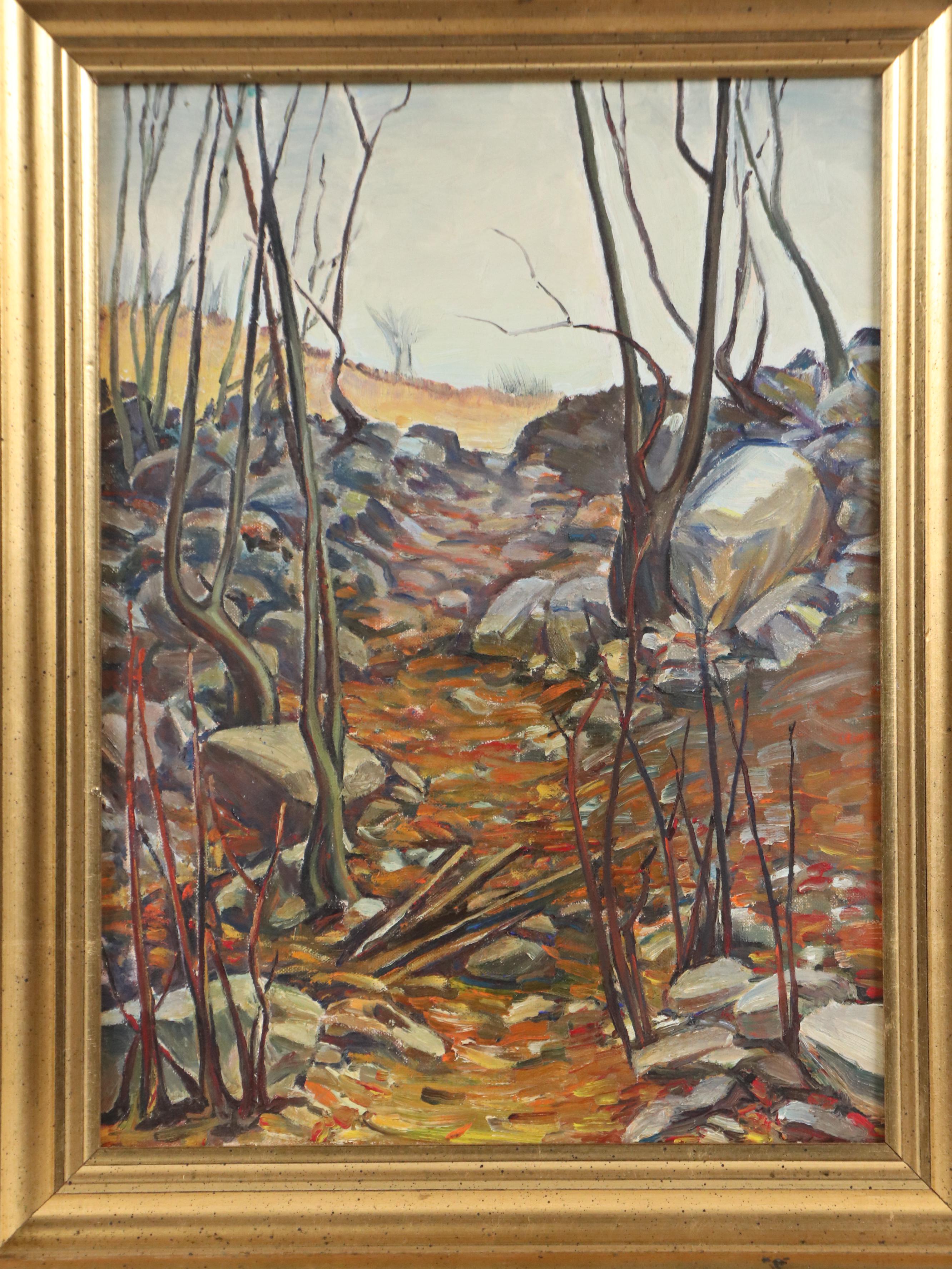 Modernist Oil Painting of Autumn Forest, Late 20th Century