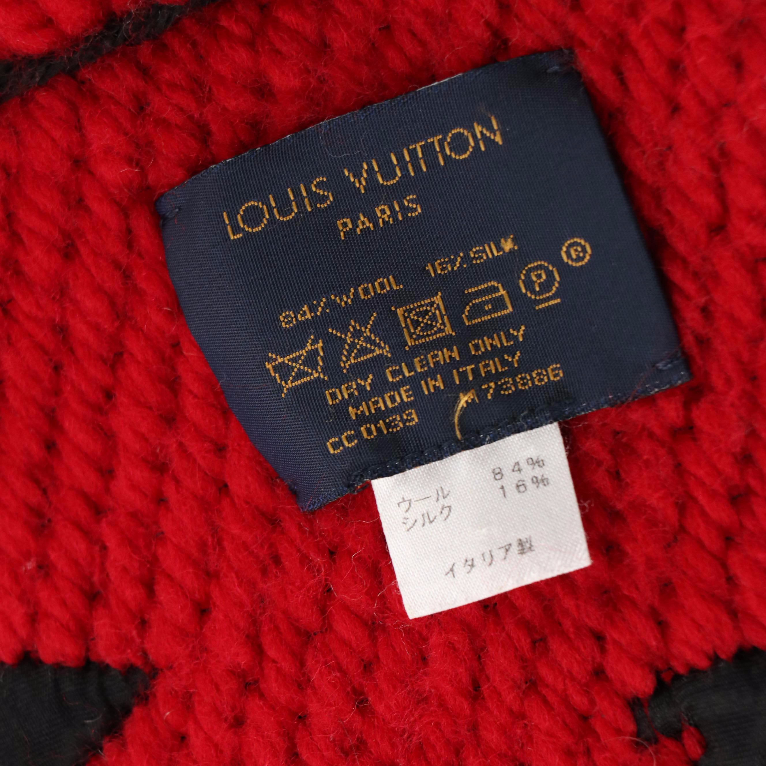 Louis Vuitton Logomania Fringe Scarf in Beige and Red Wool/Silk Blend
