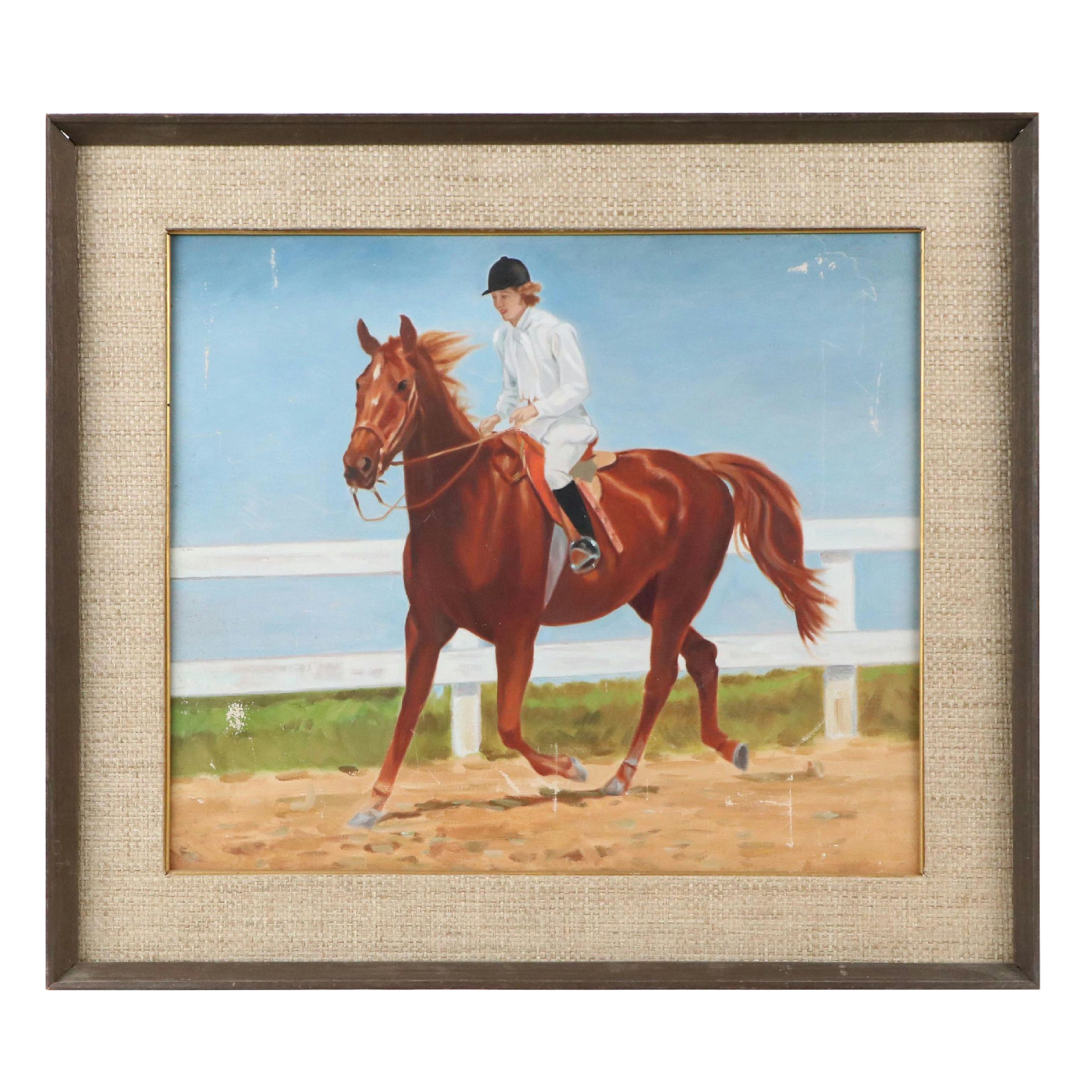 Oil Painting of Horseback Rider on Chestnut, 20th Century