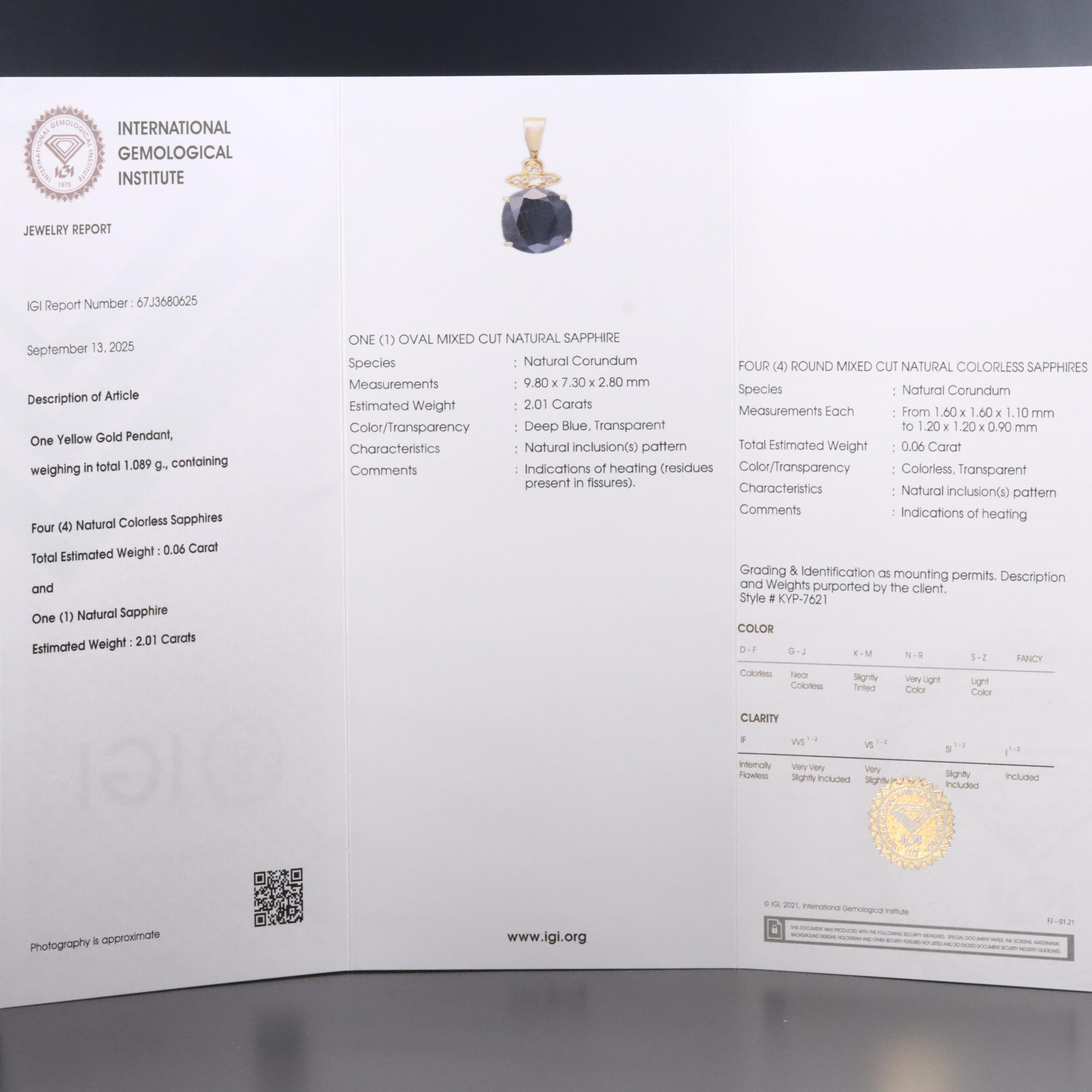 14K 2.01 CT Sapphire and White Sapphire Pendant with IGI Jewelry Report