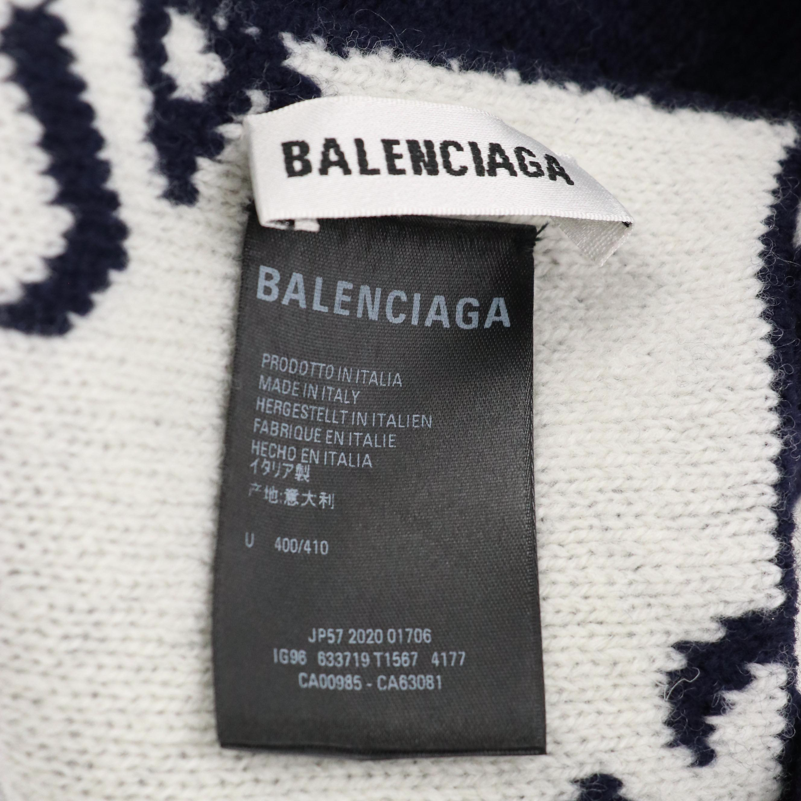 Balenciaga Allover Logo Scarf in Navy and White Wool Jacquard, With Tags