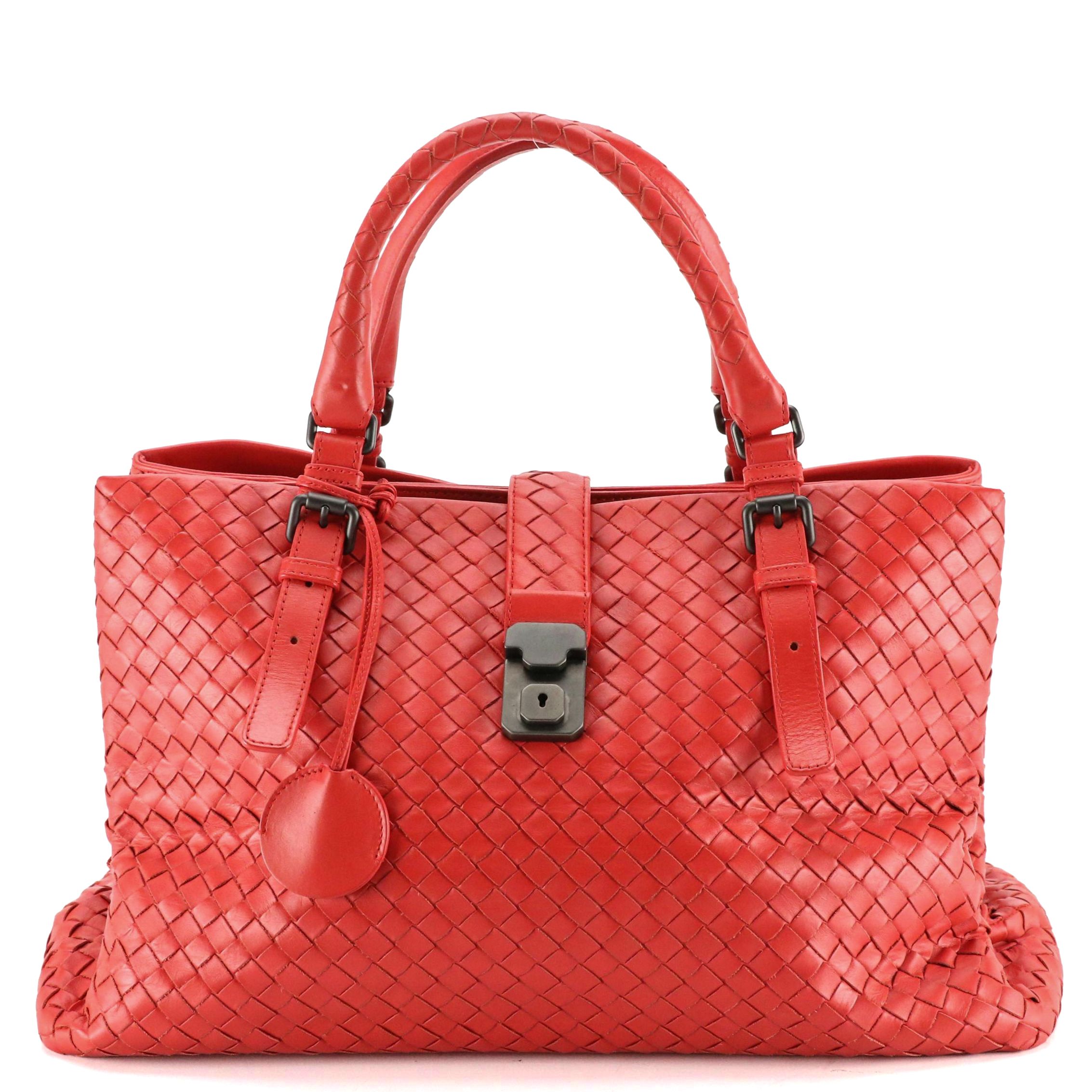 Bottega Veneta Roma Satchel in Red Intrecciato Calfskin Leather