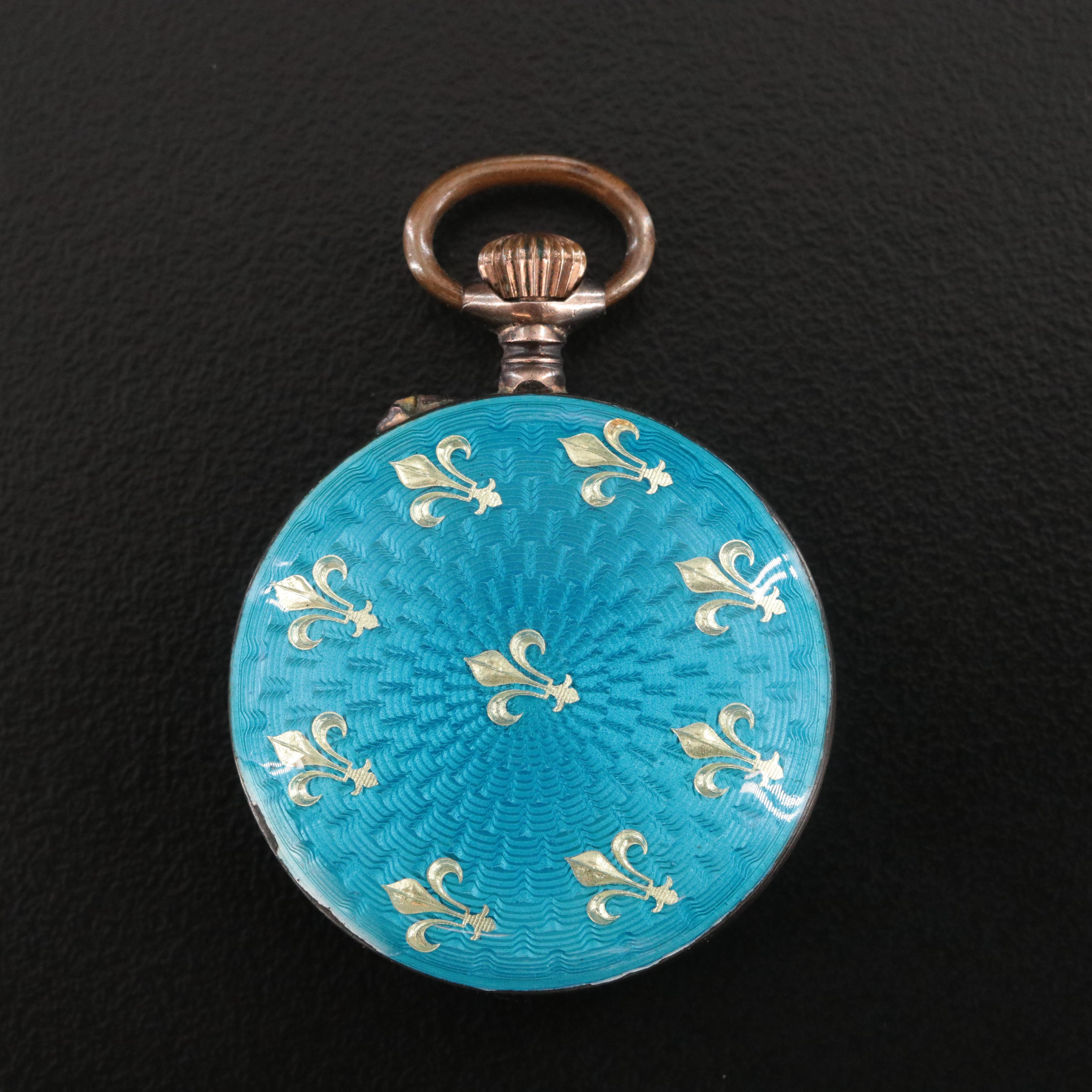 800 Silver and Enamel Fleur de Lis Pin Set Pocket Watch