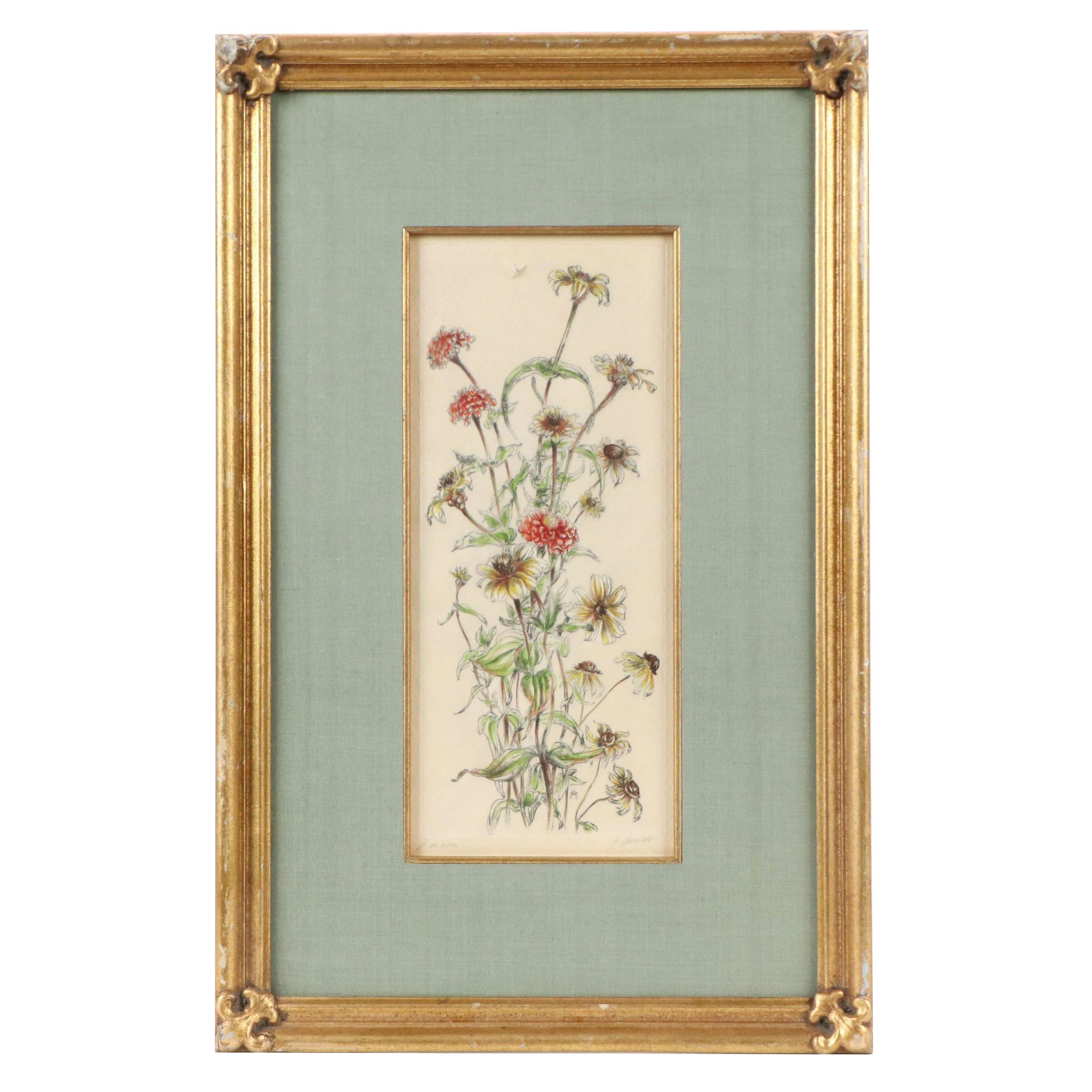 Floral Hand-Colored Lithograph of Mums and Black-Eyed Susans