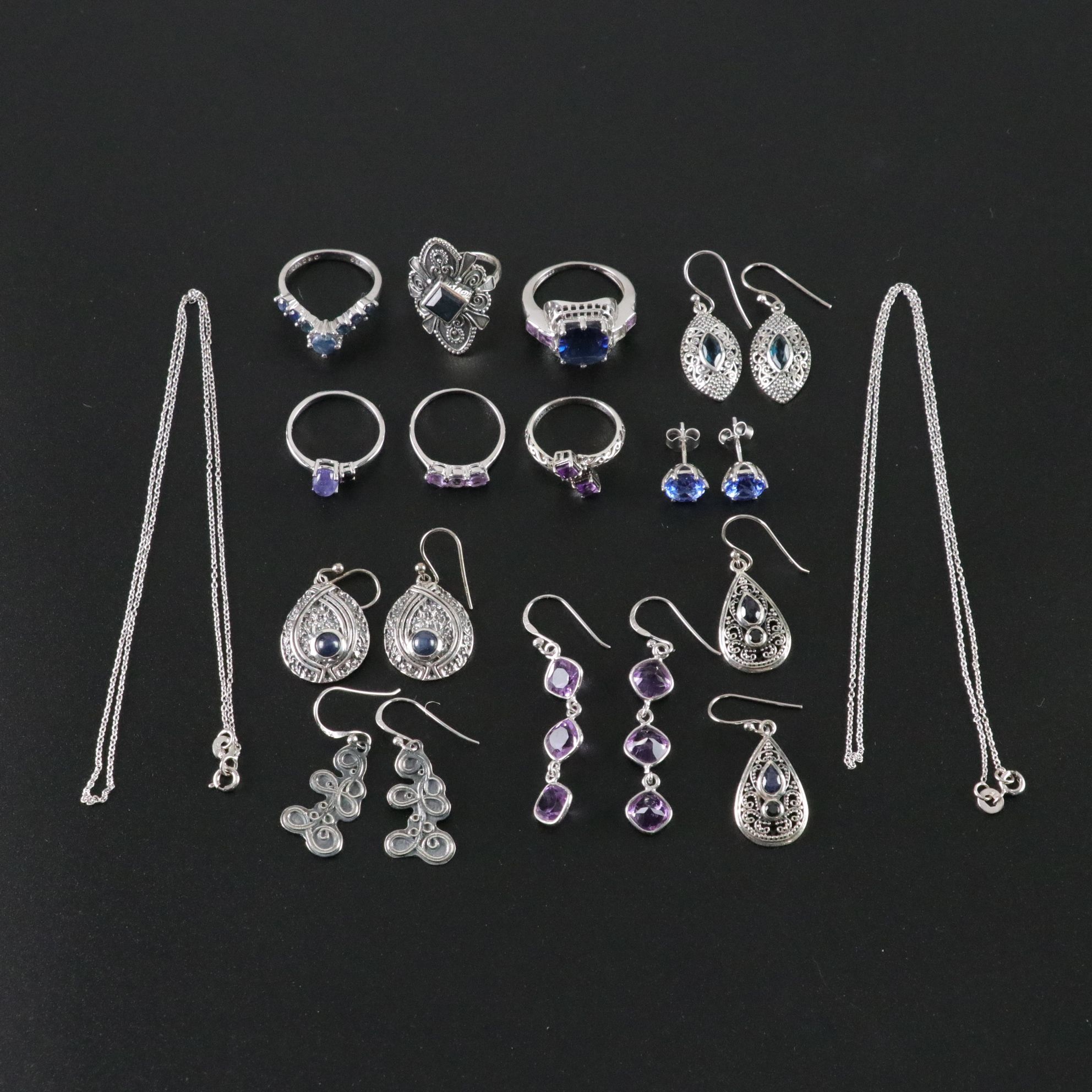 14 Assorted Sterling Silver Rings, Necklaces and Earrings