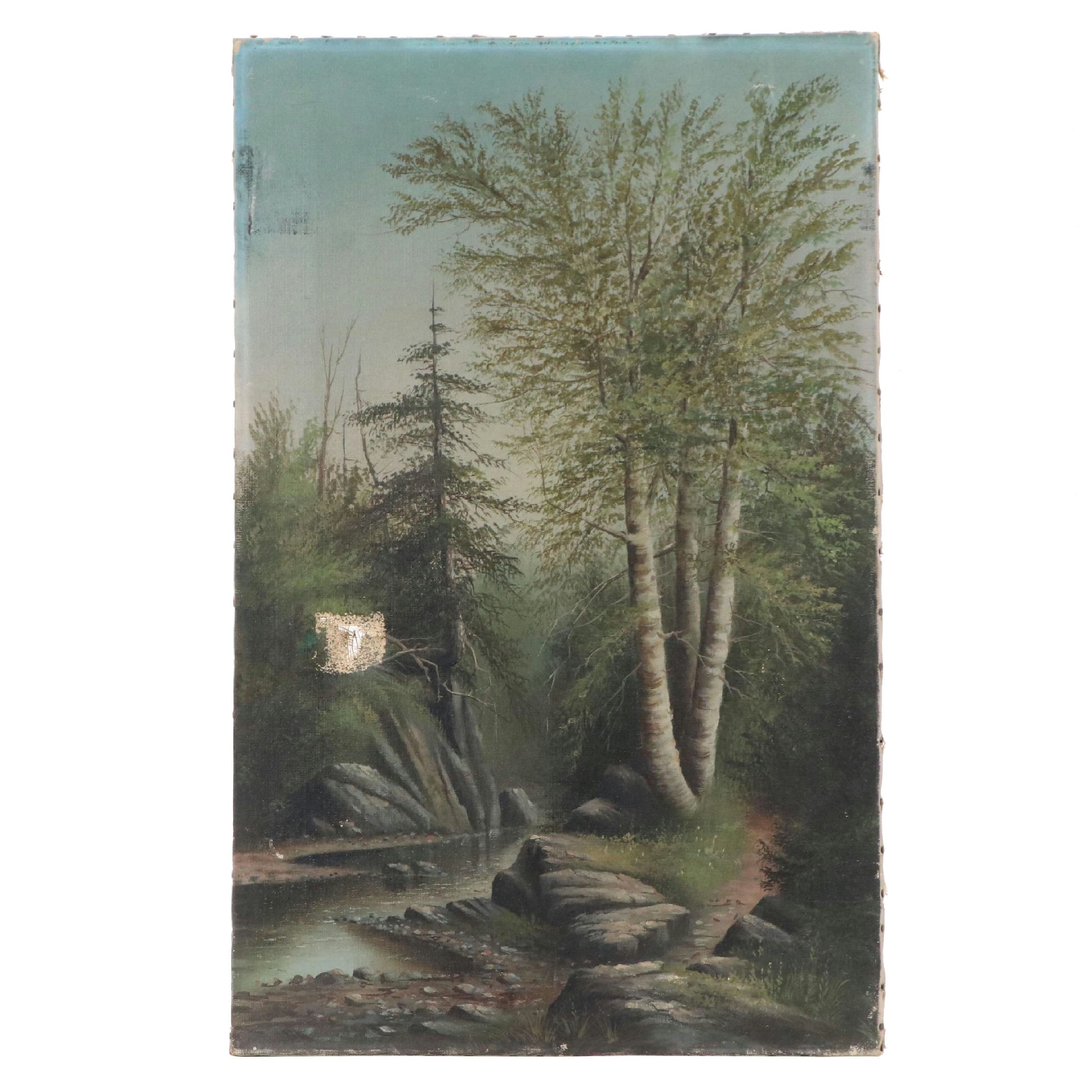 Landscape Oil Painting of Woodland River, 20th Century