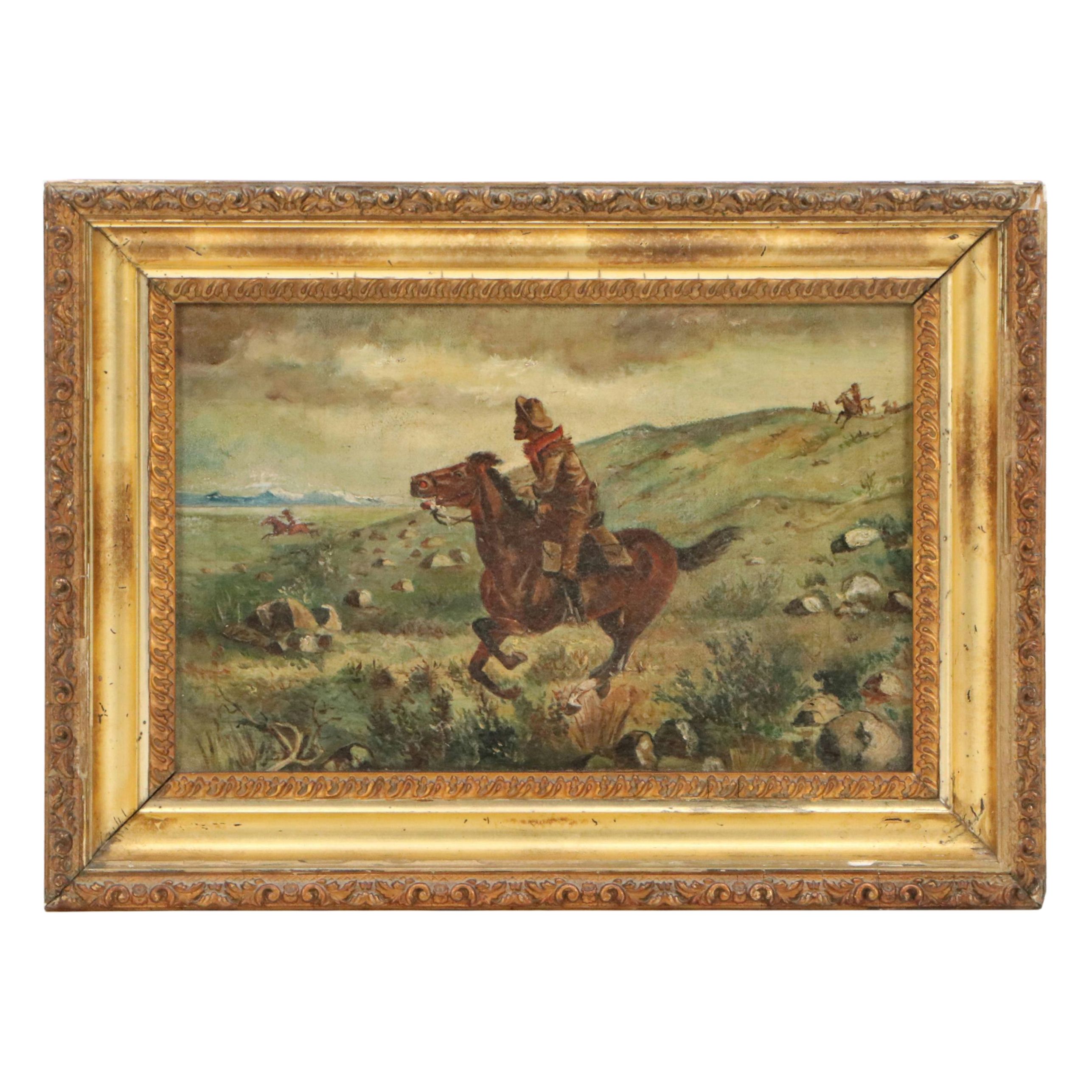 Western Oil Painting of Pony Express Rider After Henry Cross, Early 20th Century