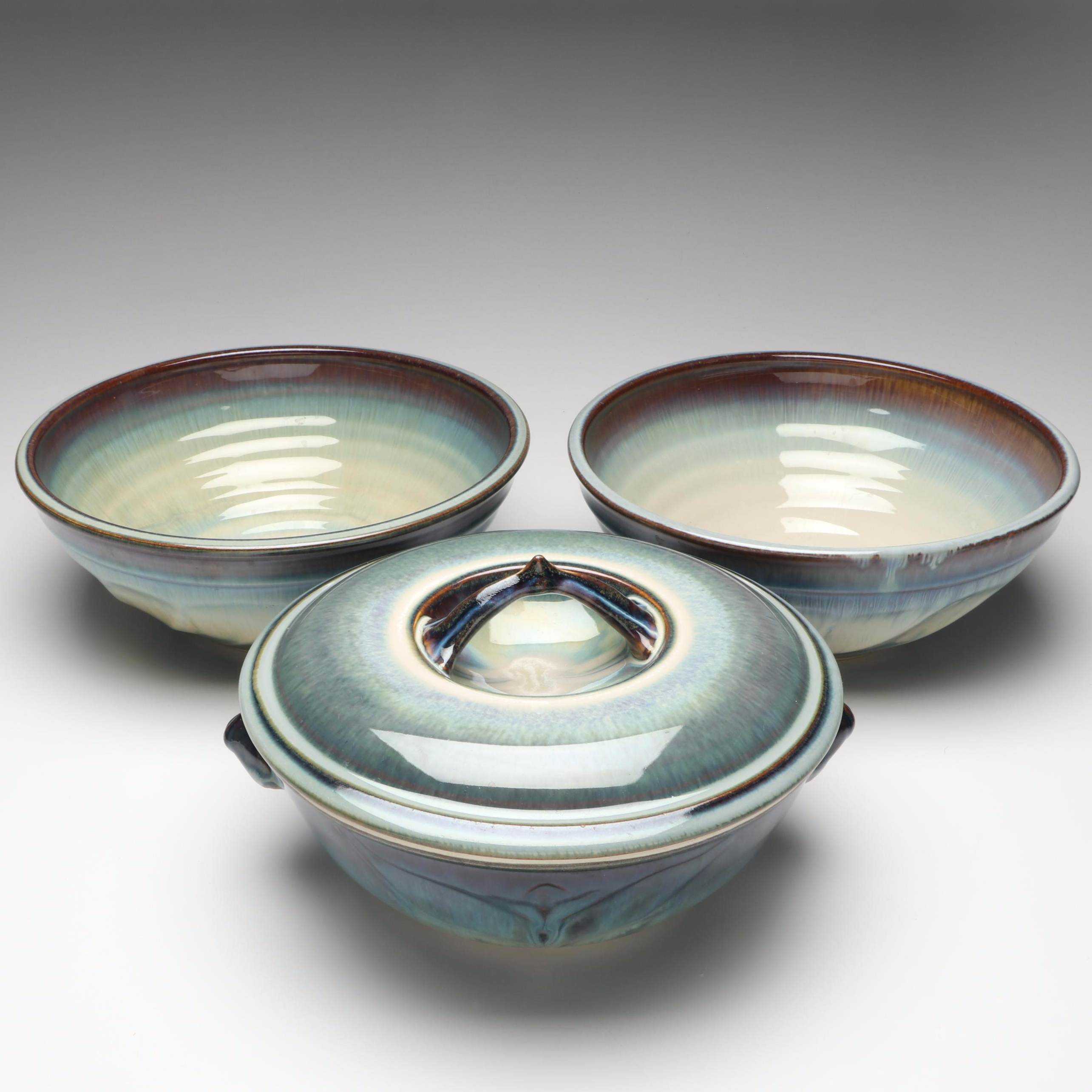 Bill Campbell Signed Drip Glaze Art Pottery Lidded Tureen and Serving Bowls