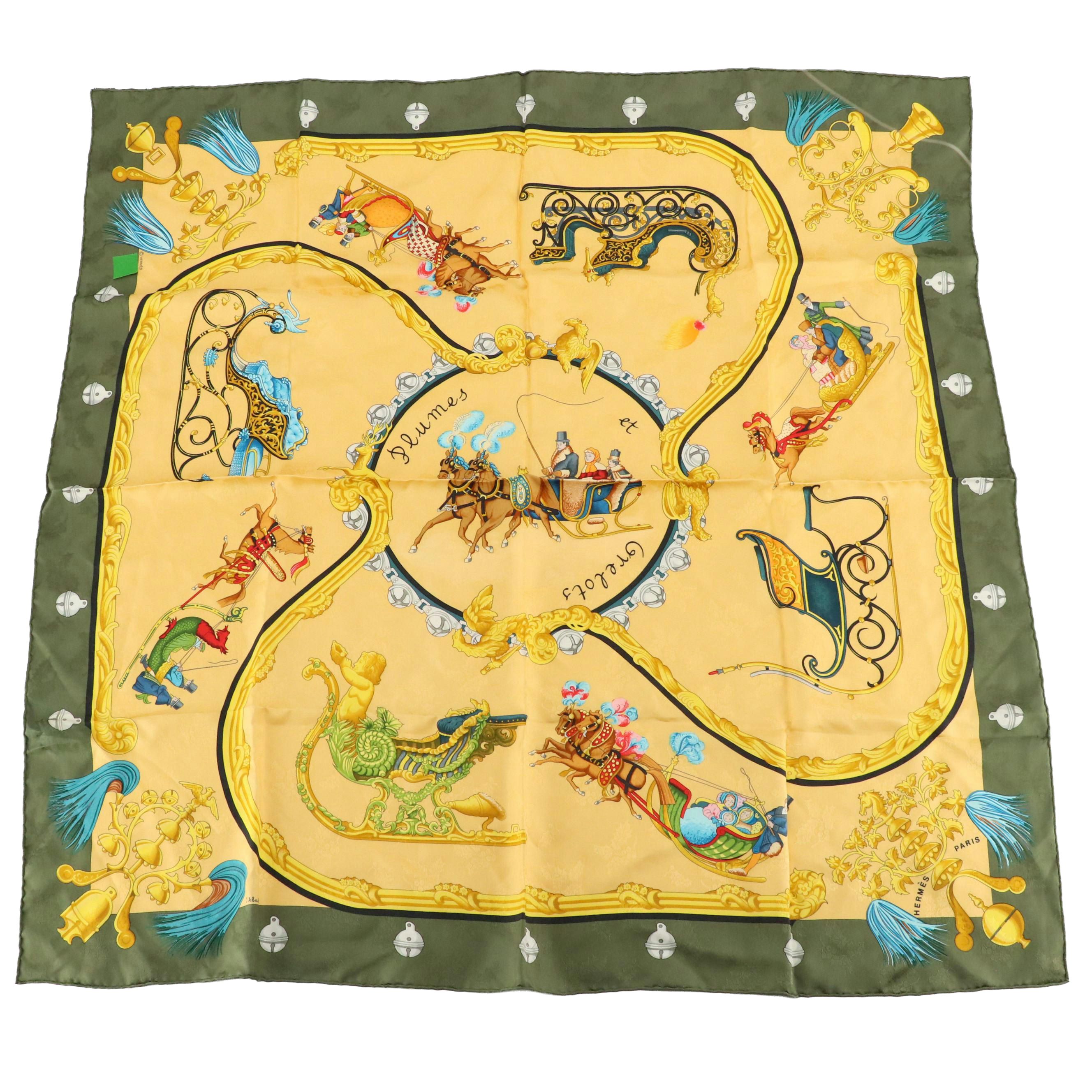 Hermès "Plumes et Grelots" Holly Silk Jacquard Scarf 90 in Box