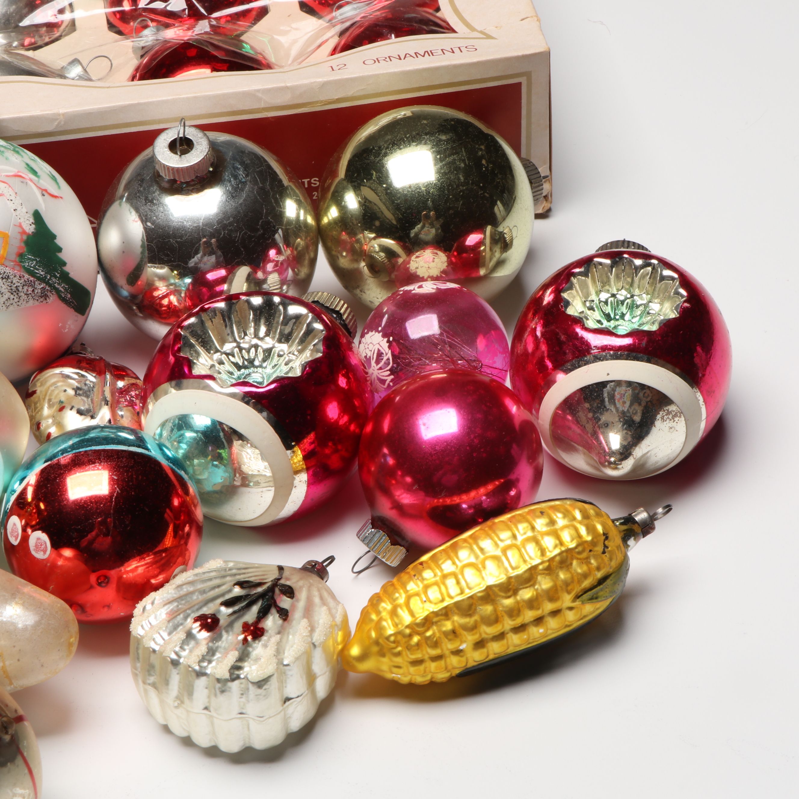 Shiny Brite and Other Glass Ornaments with Vintage Tree Topper