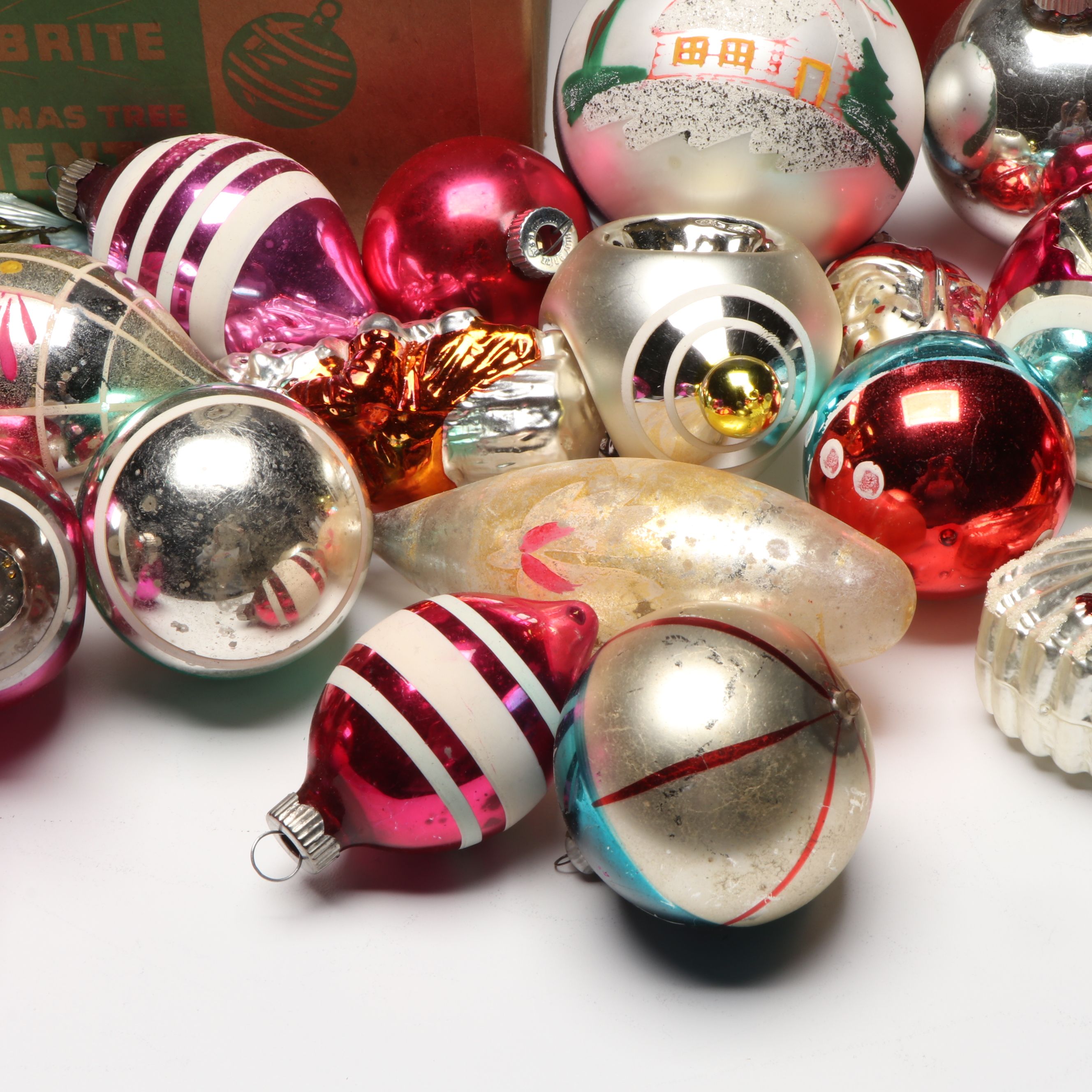 Shiny Brite and Other Glass Ornaments with Vintage Tree Topper