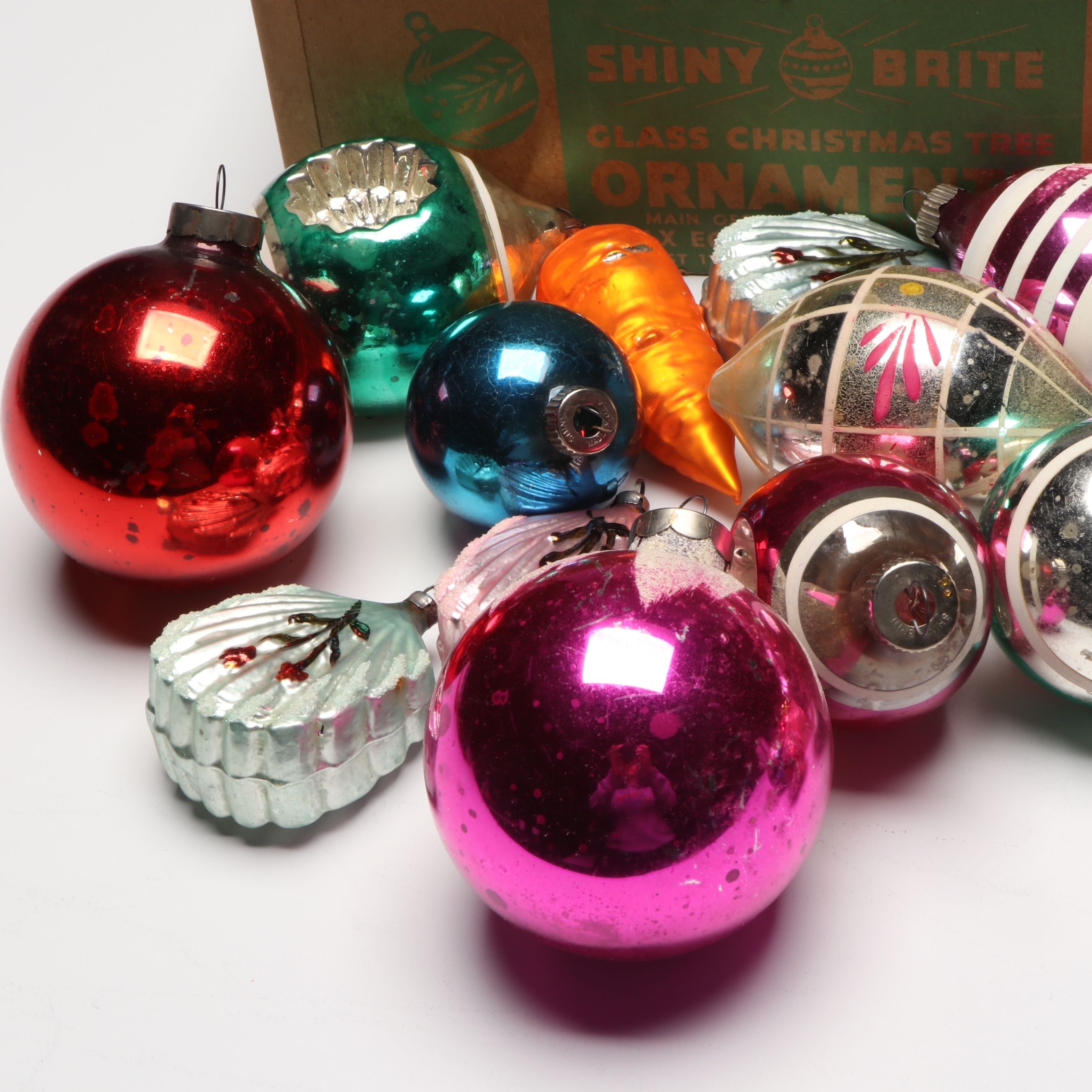 Shiny Brite and Other Glass Ornaments with Vintage Tree Topper