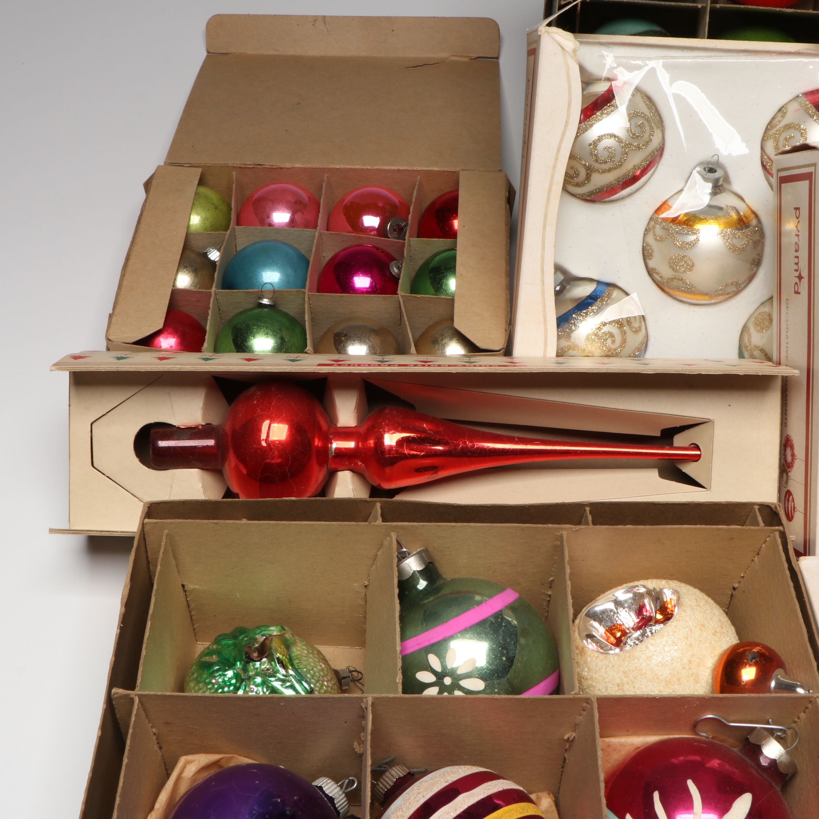 Shiny Brite and Other Glass Ornaments with Vintage Tree Topper