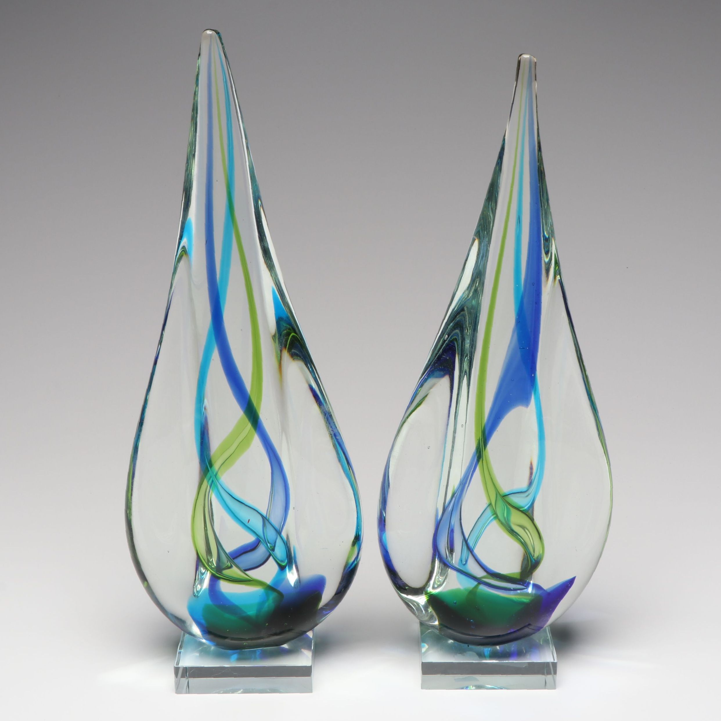 Pair of Handblown Studio Glass Blue and Green Spiral Teardrop Figures