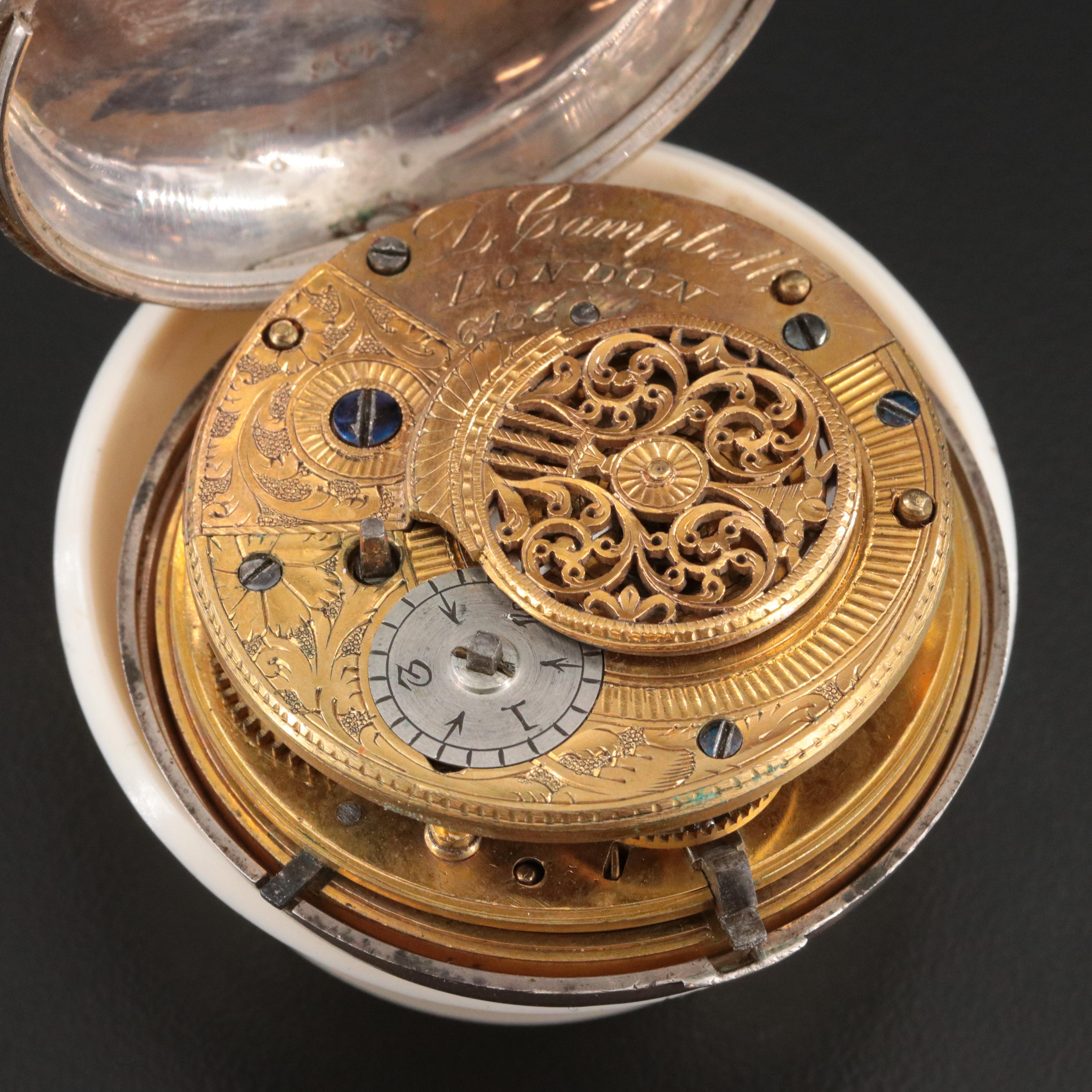 Antique Sterling D. Campbell Verge Fusee Pocket Watch, Stopwatch and Compass