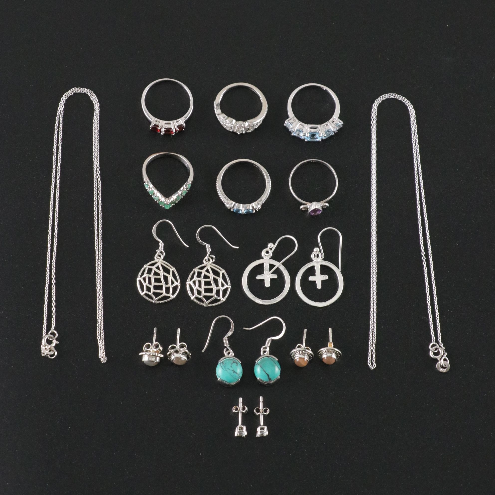 14 Assorted Sterling Silver Rings, Necklaces and Earrings