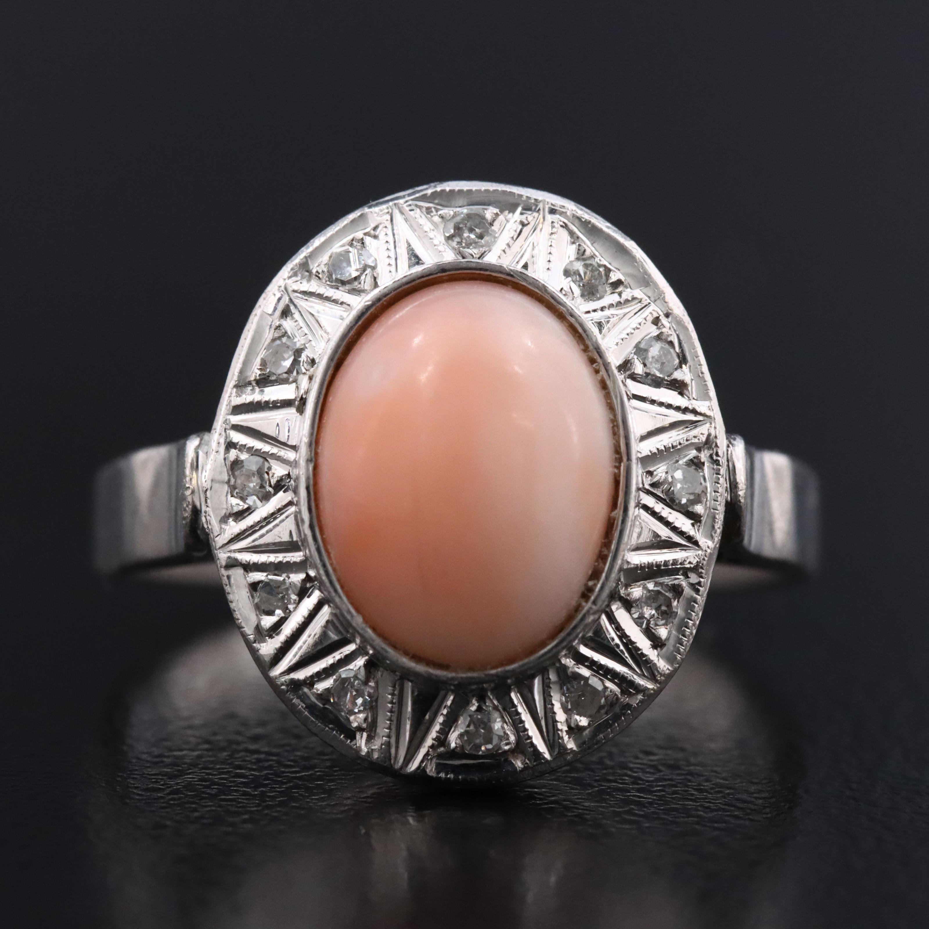 Vintage Silver Palladium Alloy Coral and Diamond Ring