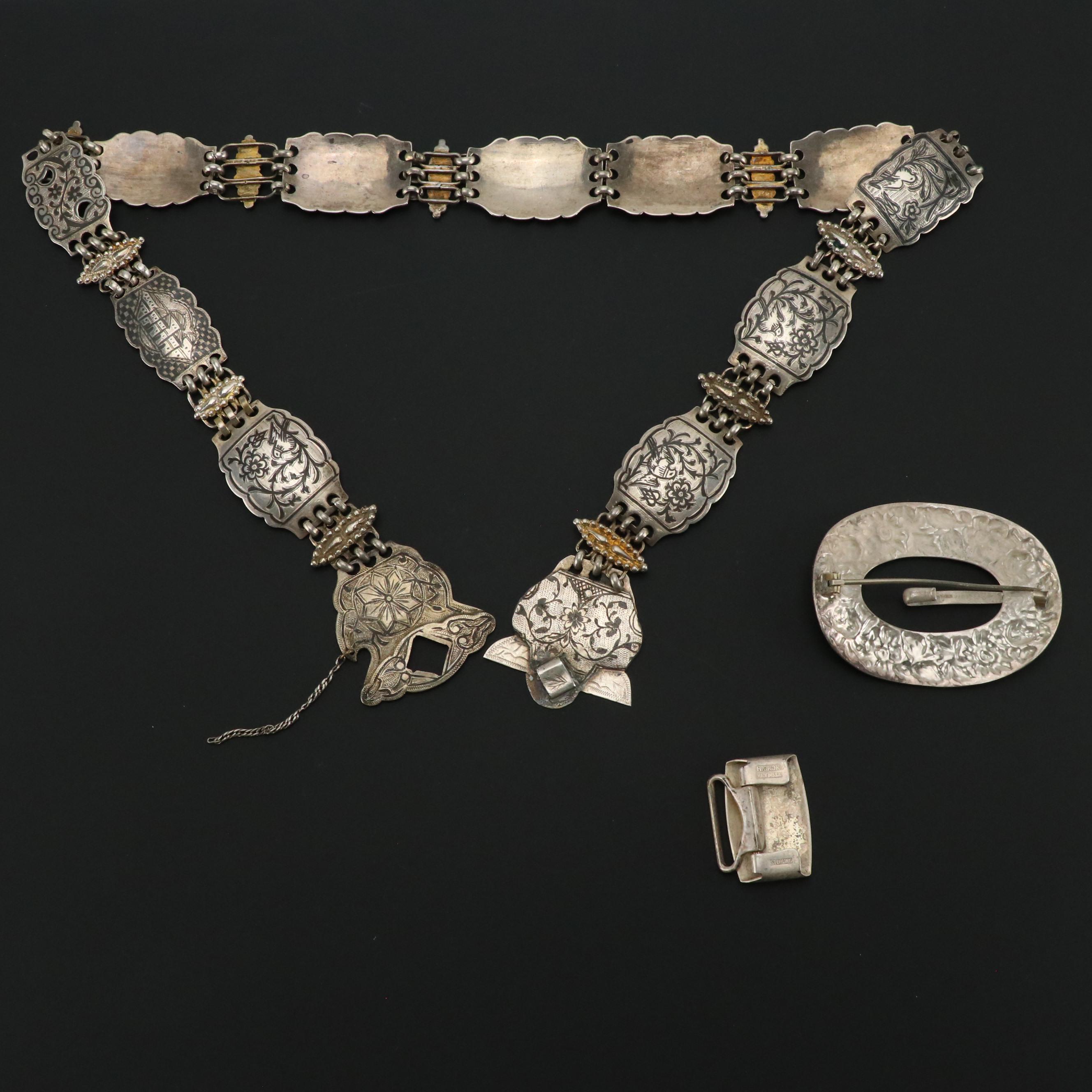 Sterling Silver Brooch Pin and Belt Buckle with Niello Silver Plate Panel Belt