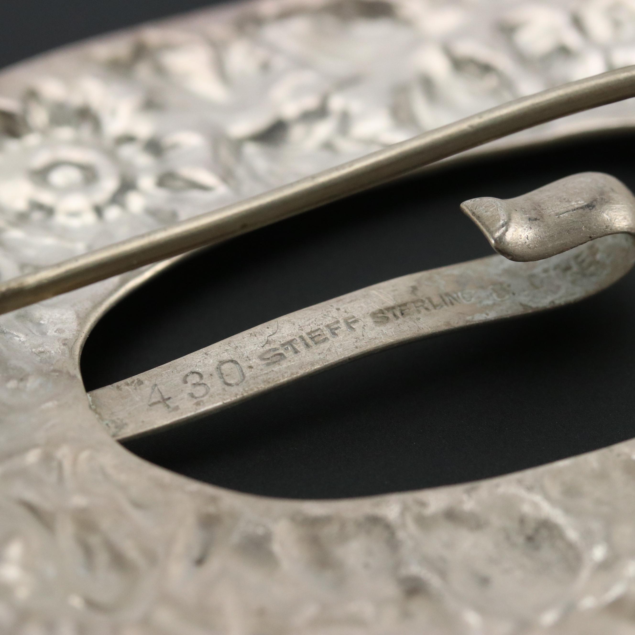 Sterling Silver Brooch Pin and Belt Buckle with Niello Silver Plate Panel Belt