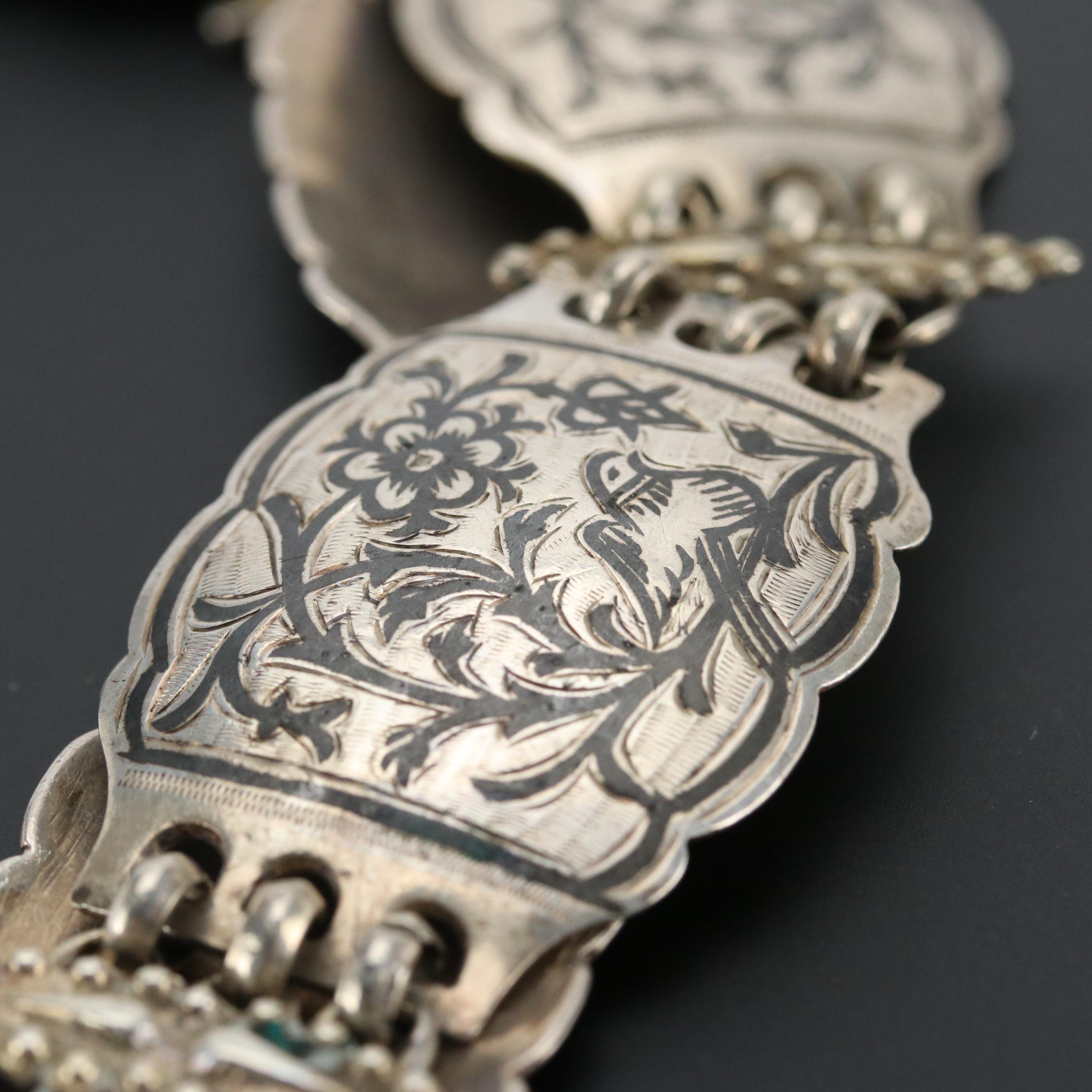 Sterling Silver Brooch Pin and Belt Buckle with Niello Silver Plate Panel Belt