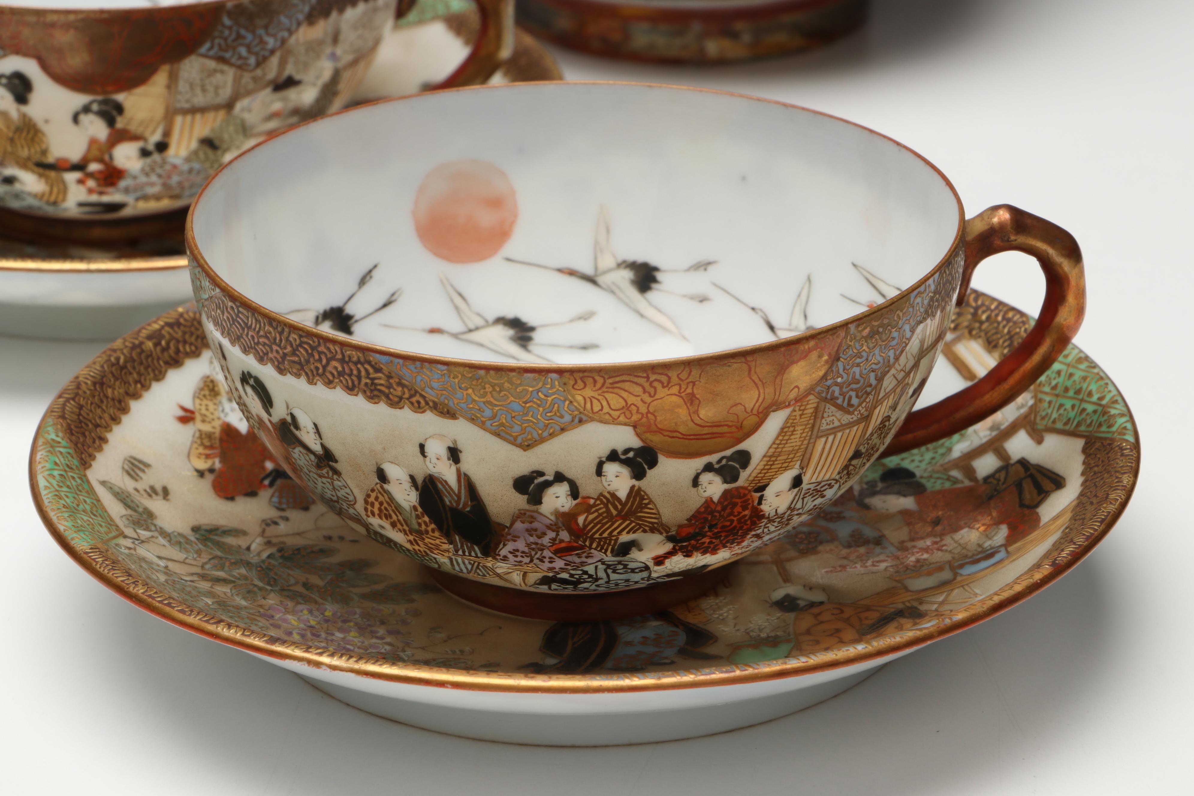 Japanese Satsuma Moriage Porcelain Hand-Painted Tea Ware