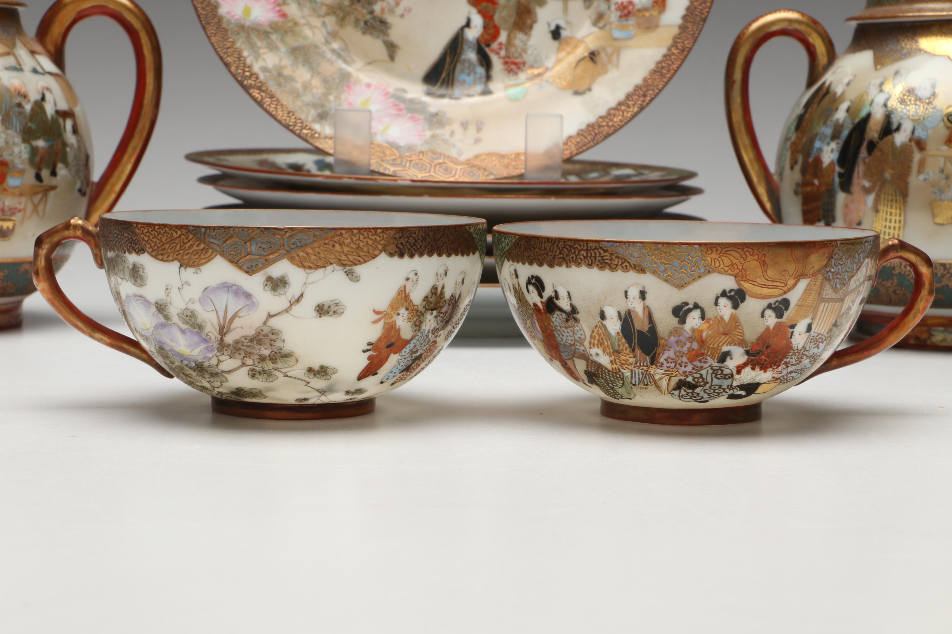 Japanese Satsuma Moriage Porcelain Hand-Painted Tea Ware