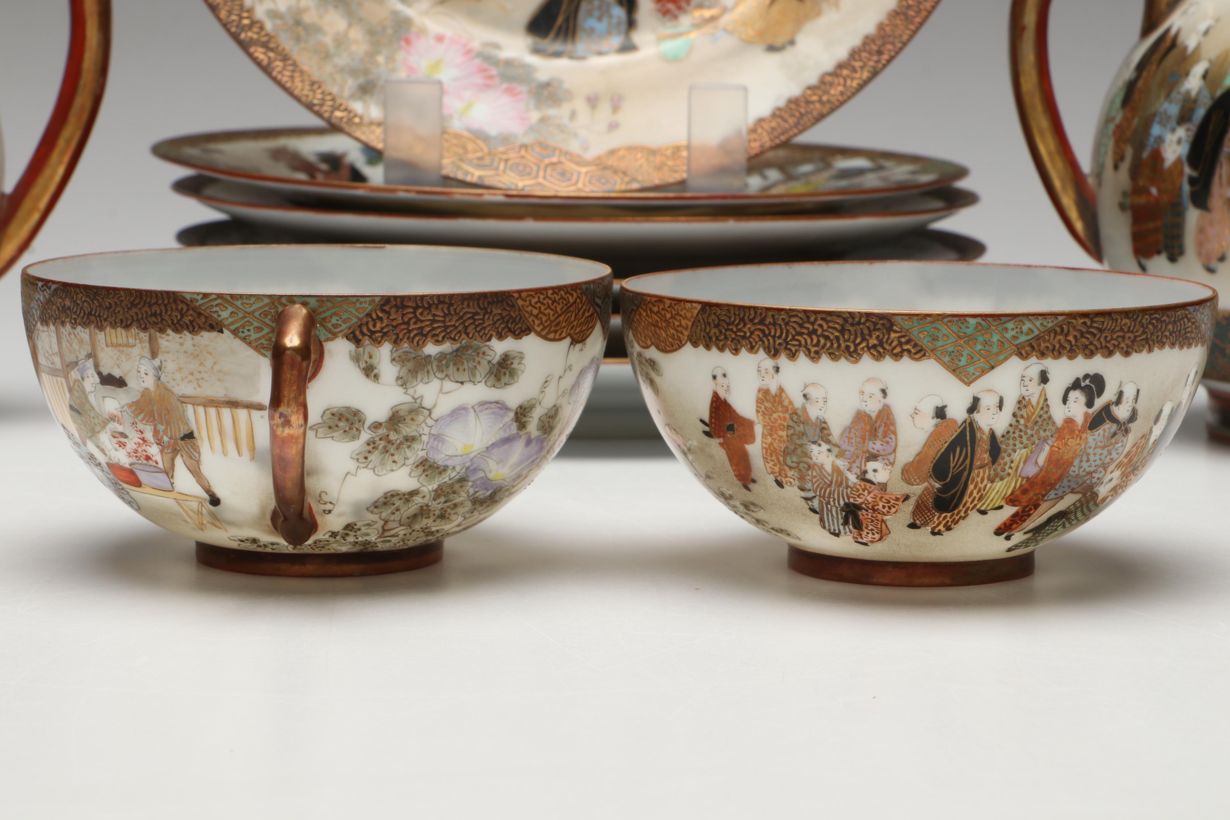 Japanese Satsuma Moriage Porcelain Hand-Painted Tea Ware