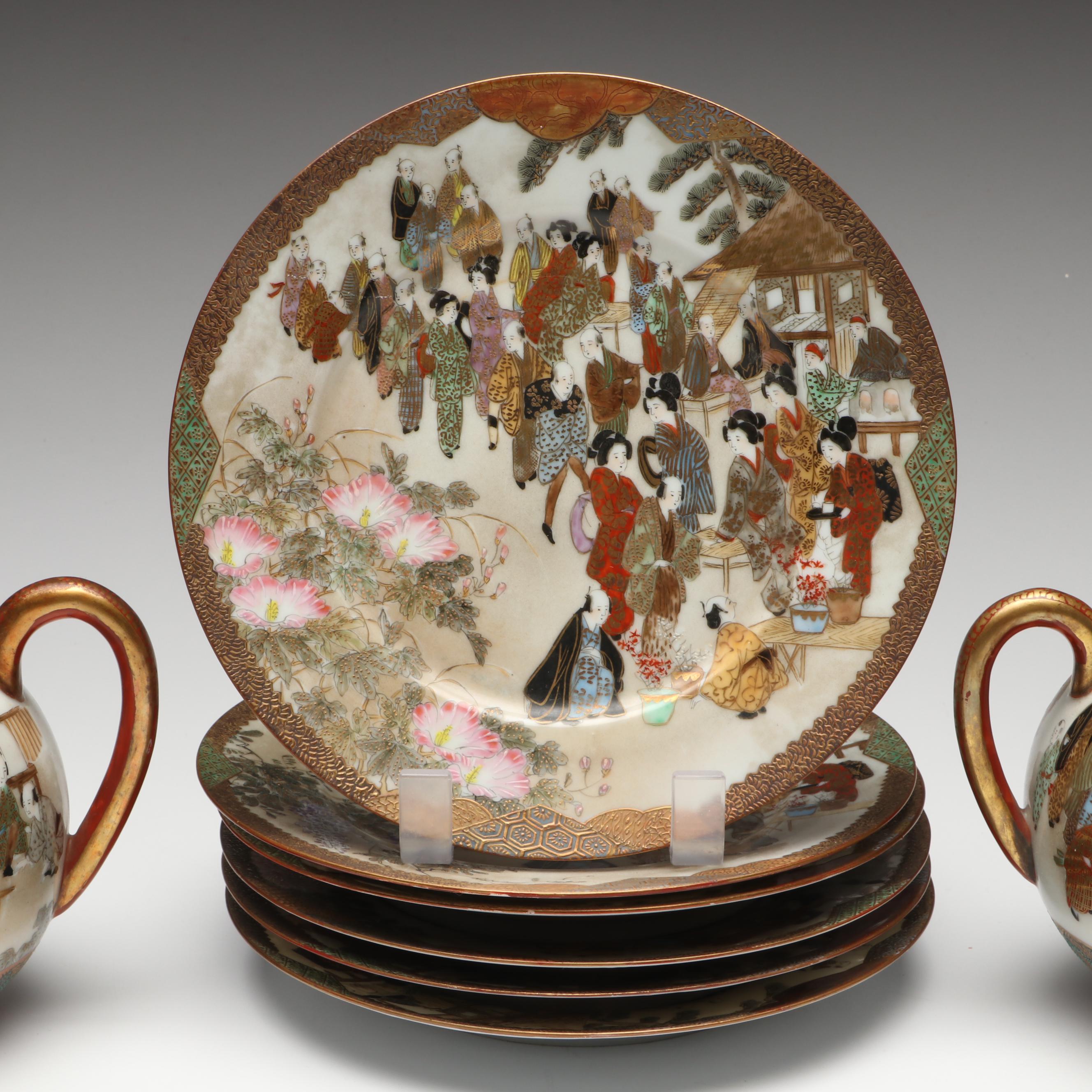 Japanese Satsuma Moriage Porcelain Hand-Painted Tea Ware