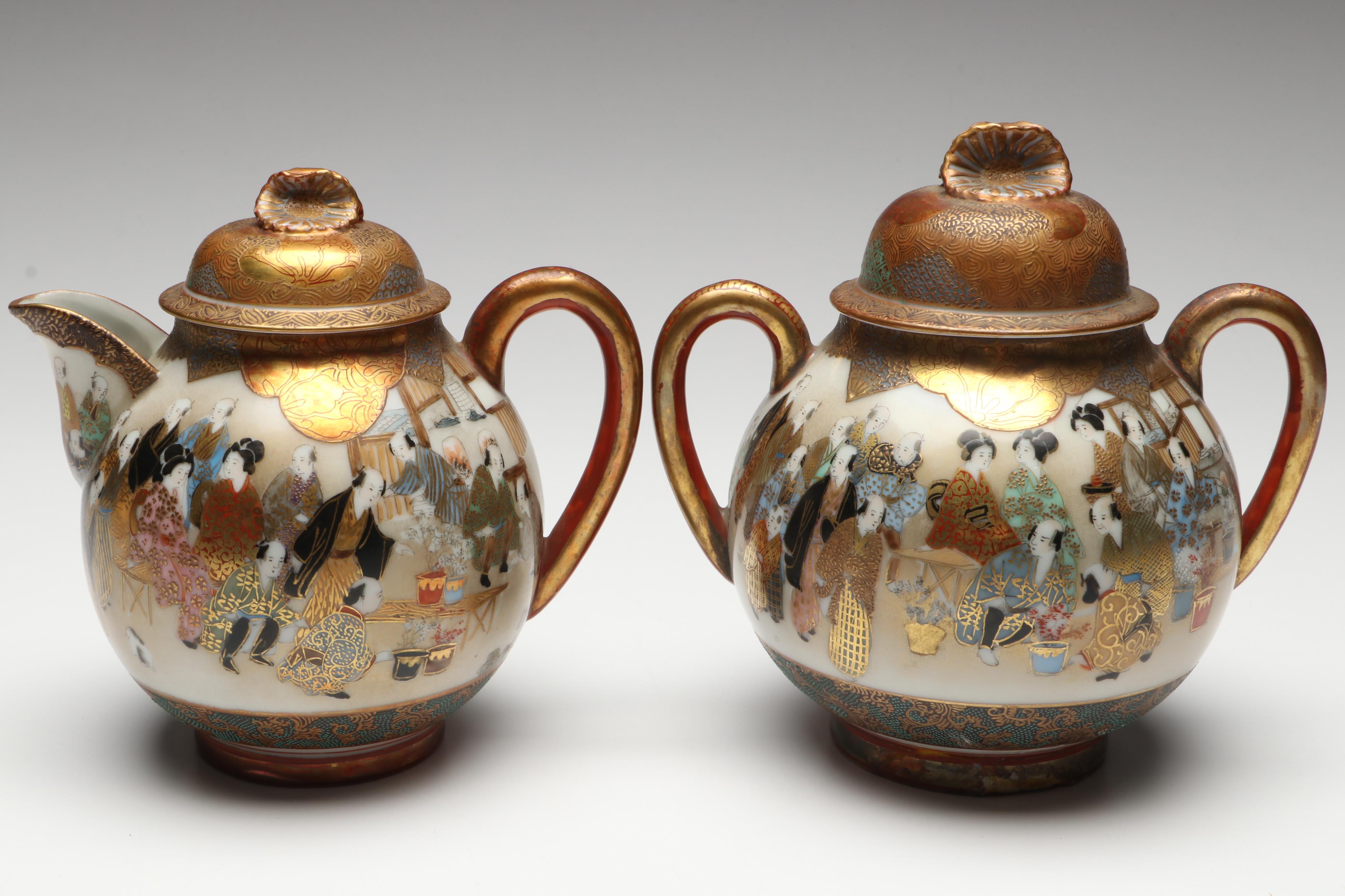 Japanese Satsuma Moriage Porcelain Hand-Painted Tea Ware