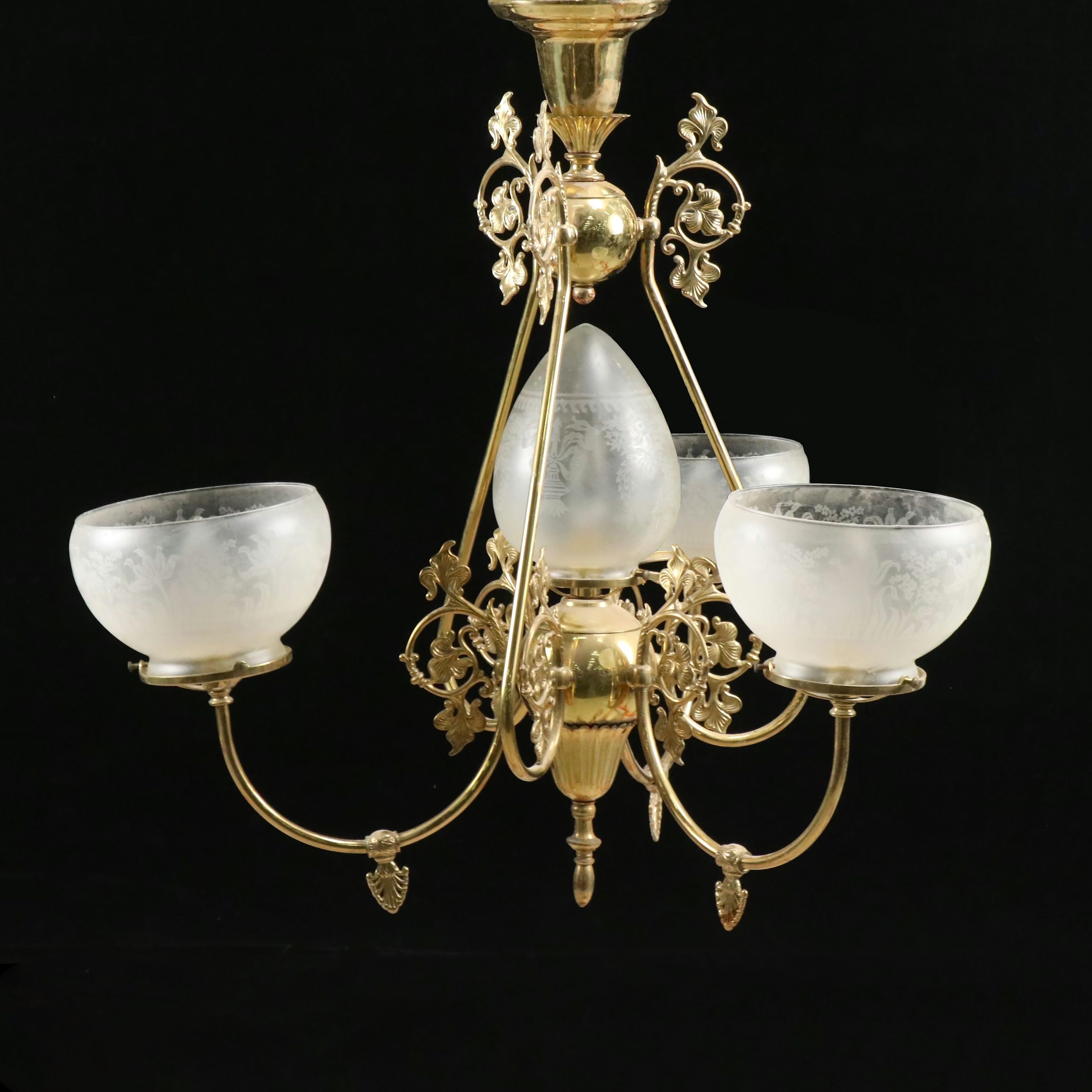 Brass Finish Etched Glass Electric Chandelier