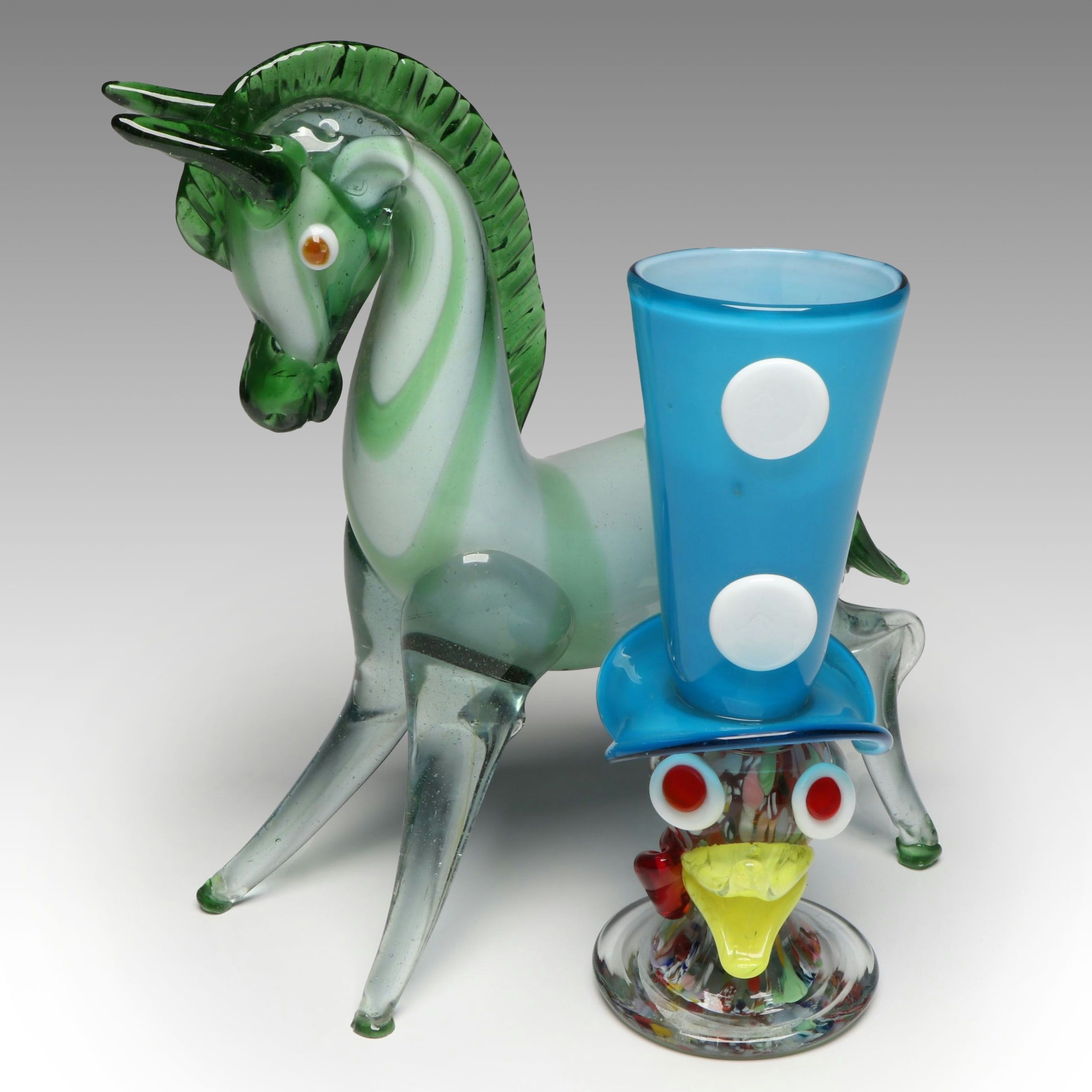 Art Glass Duck Character Vase and Green Horse