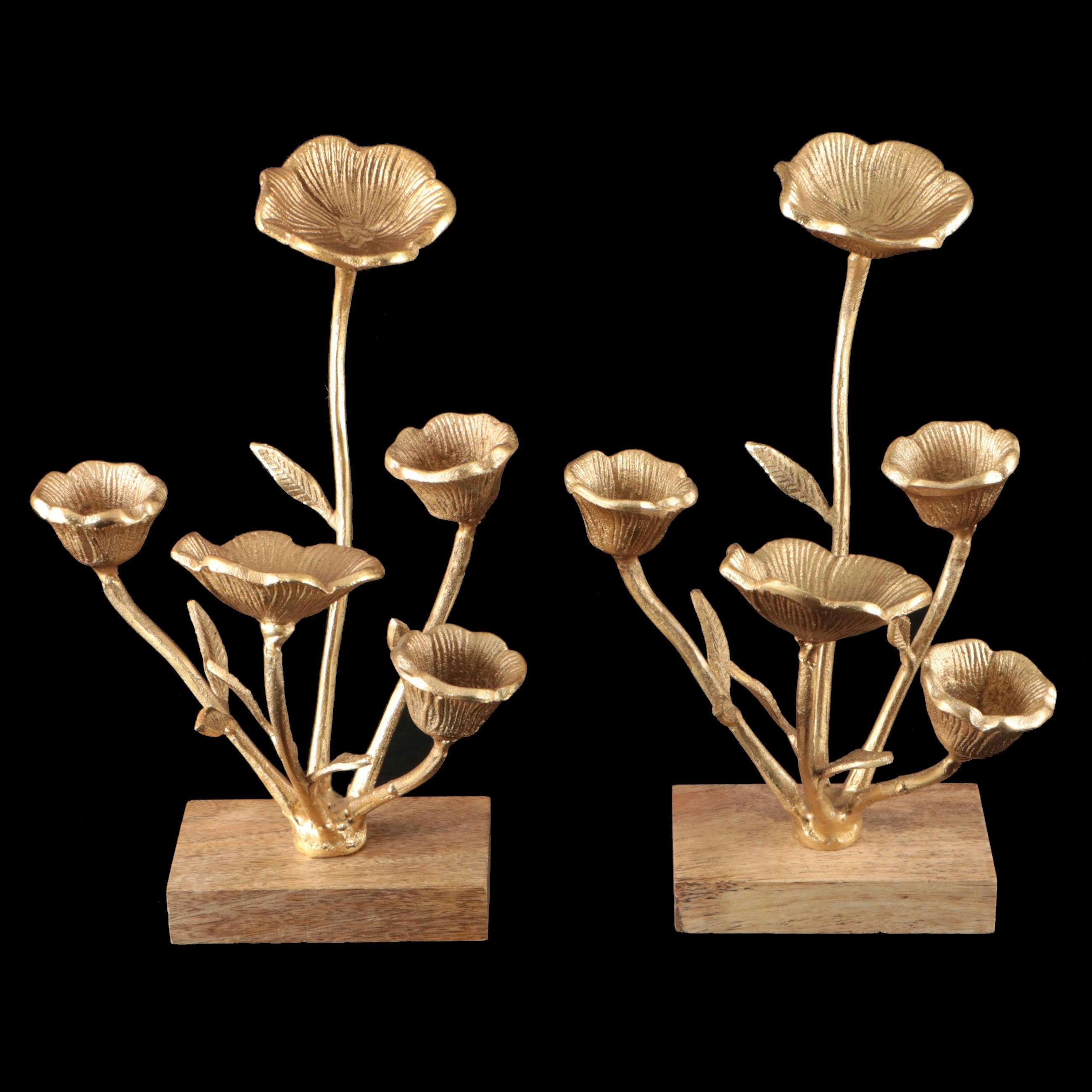 Pair of Gilt Metal Lotus on Teak Stands