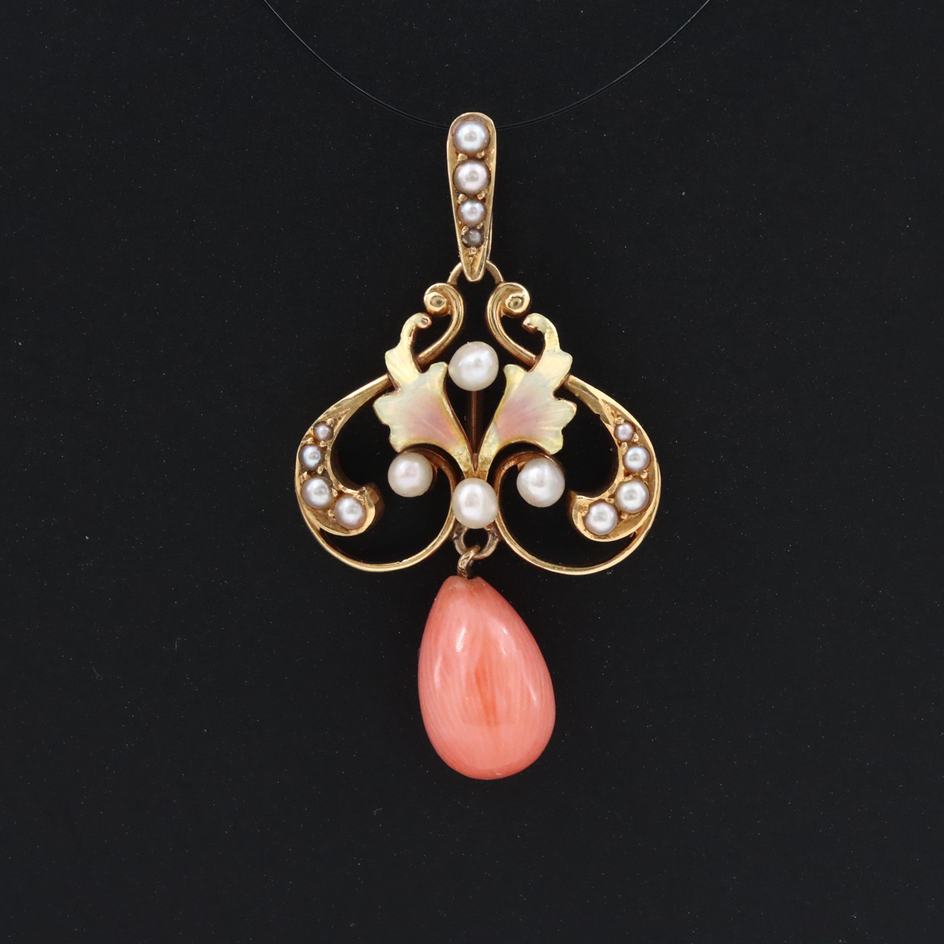 Krementz 14K Coral and Seed Pearl Lavalier Pendant