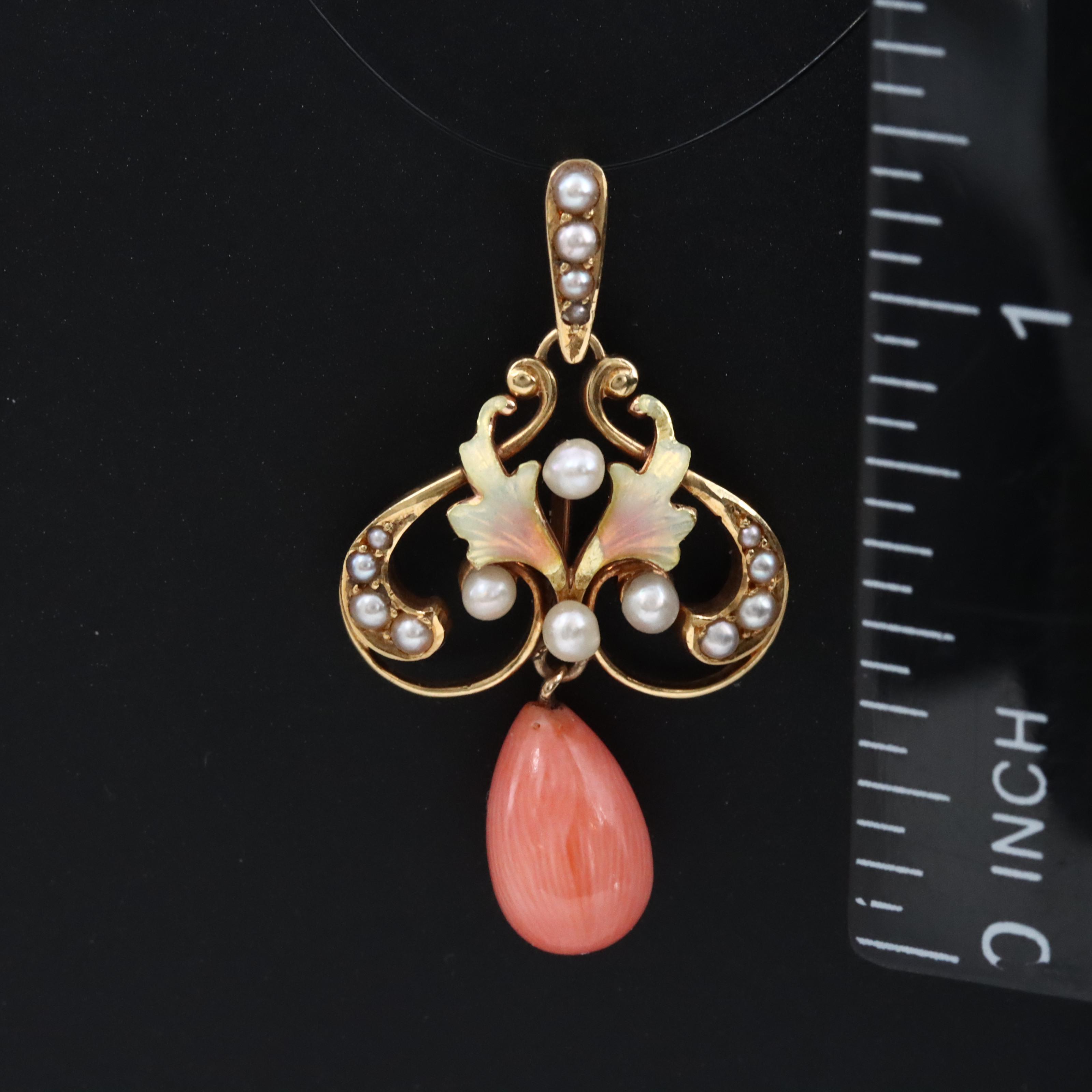Krementz 14K Coral and Seed Pearl Lavalier Pendant