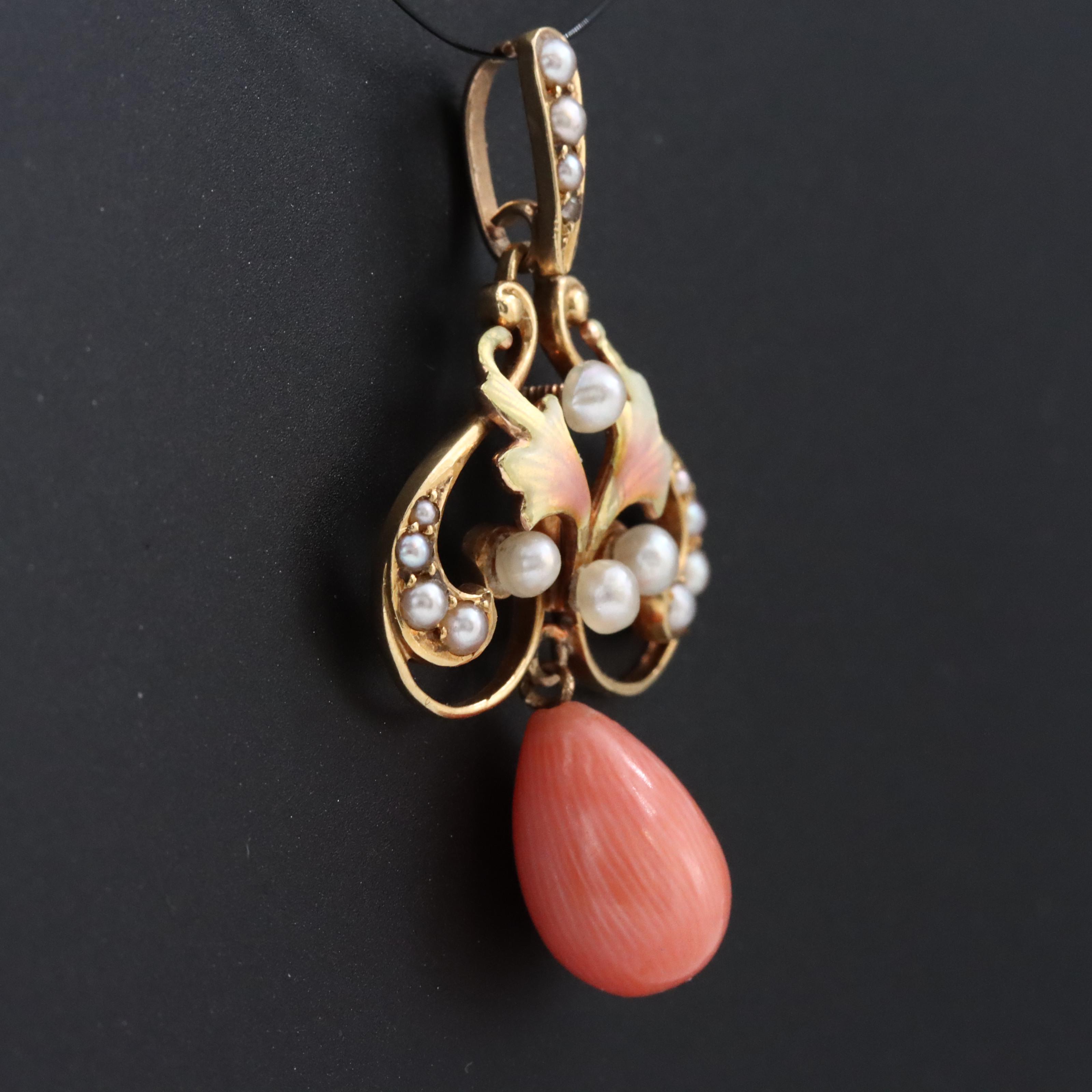 Krementz 14K Coral and Seed Pearl Lavalier Pendant
