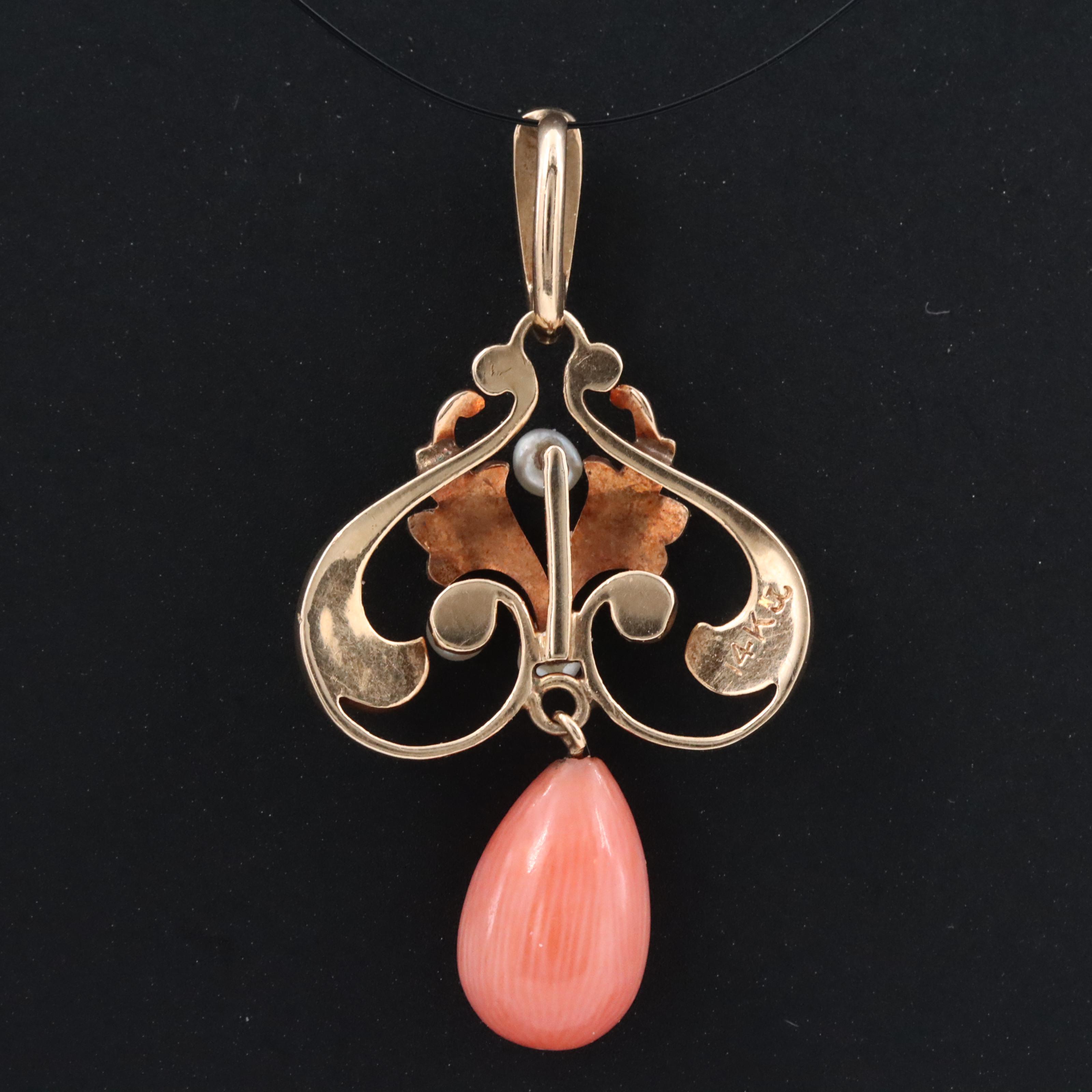 Krementz 14K Coral and Seed Pearl Lavalier Pendant