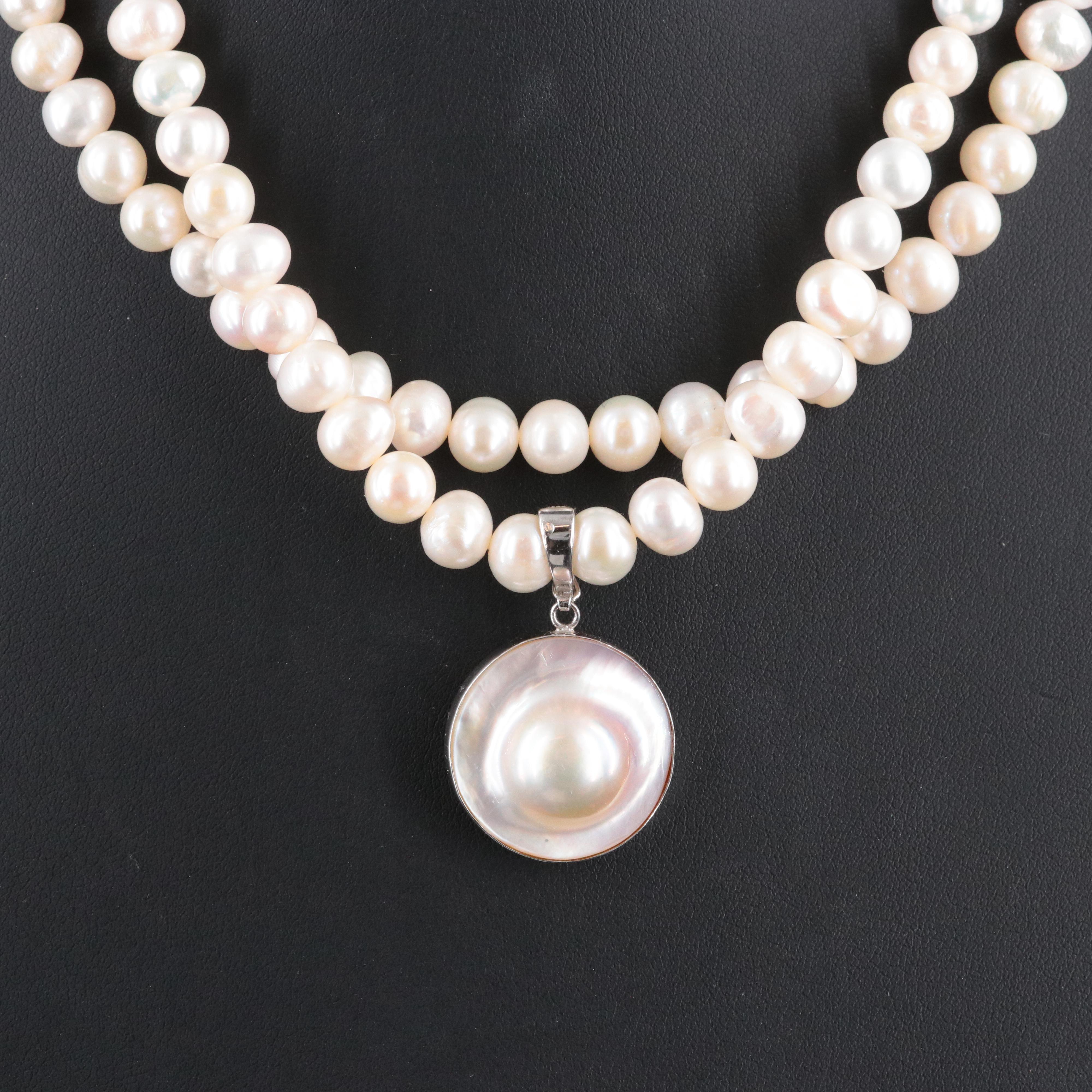 Pearl Necklace with Sterling Clasp and Enhancer Pendant