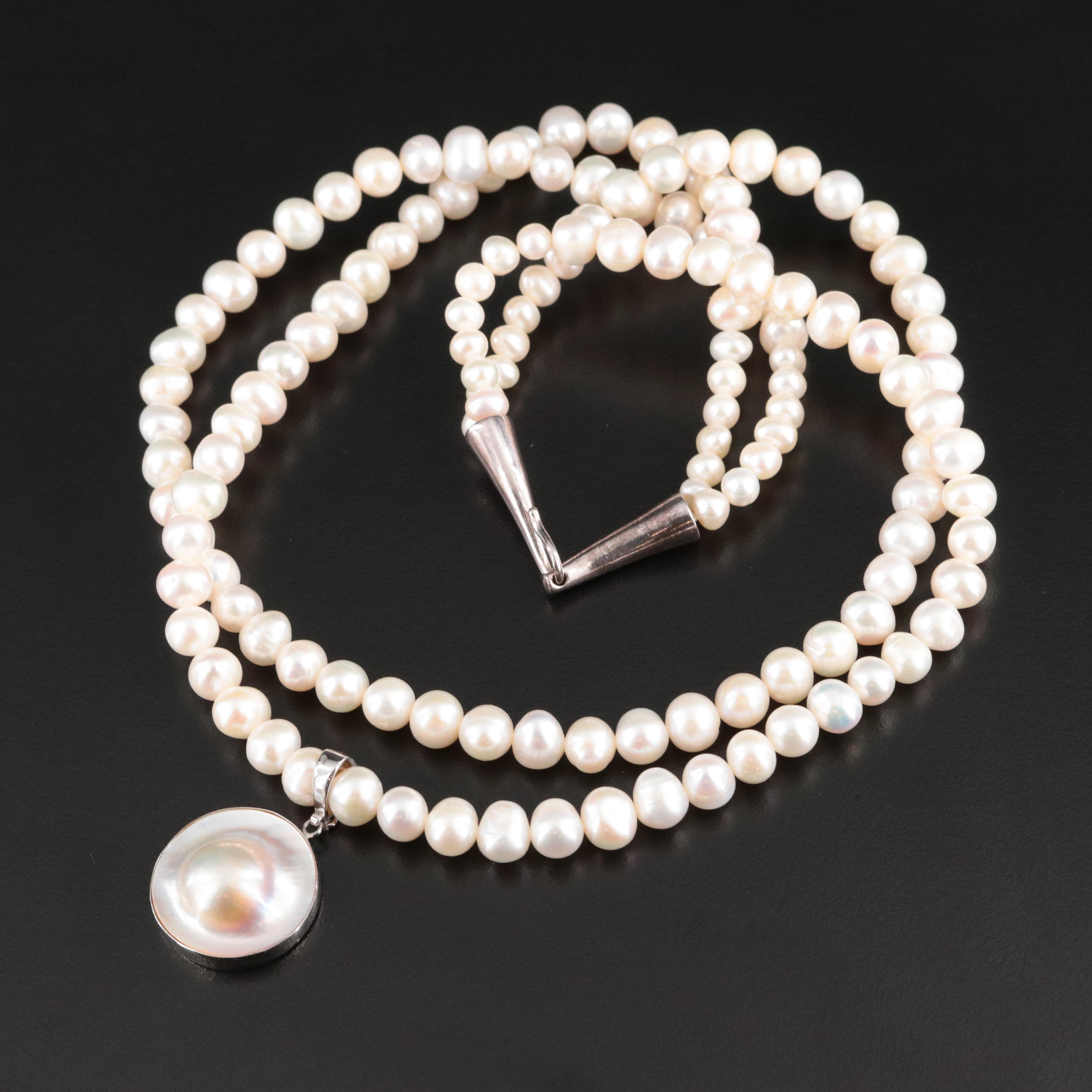 Pearl Necklace with Sterling Clasp and Enhancer Pendant